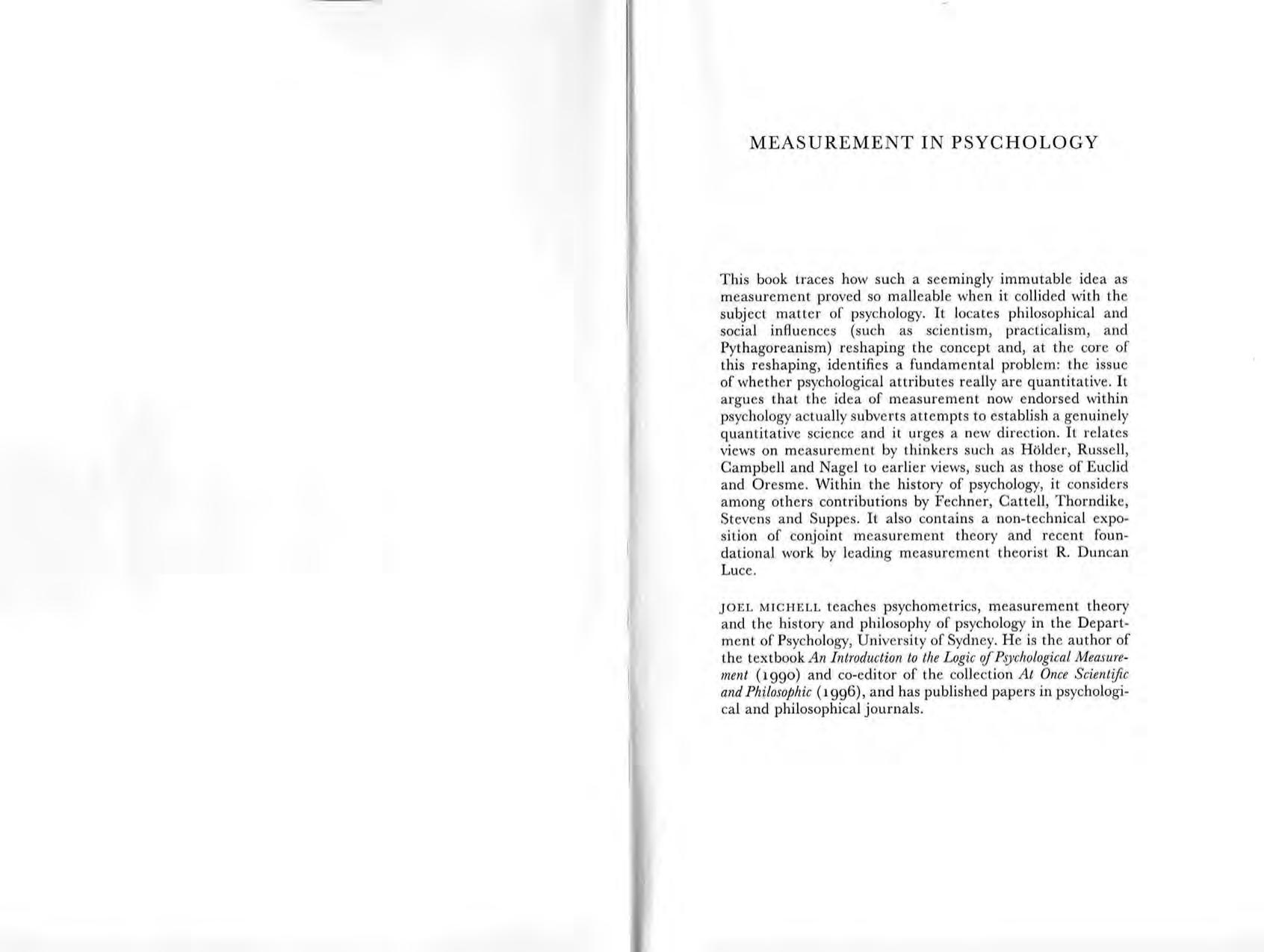 Measurement in Psychology: A Critical History of a Methodological Concept (Ideas in Context) by Unknow