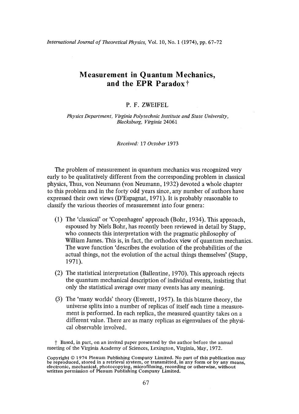Measurement in quantum mechanics, and the EPR paradox by Unknown