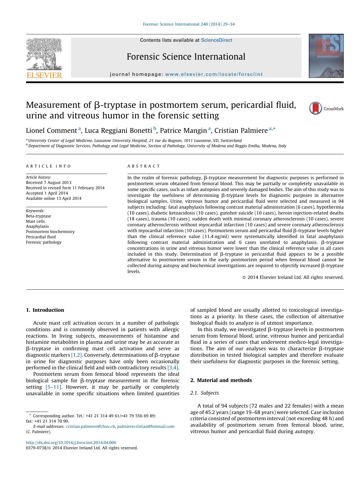 Measurement of Î²-tryptase in postmortem serum, pericardial fluid, urine and vitreous humor in the forensic setting by Lionel Comment & Luca Reggiani Bonetti & Patrice Mangin & Cristian Palmiere