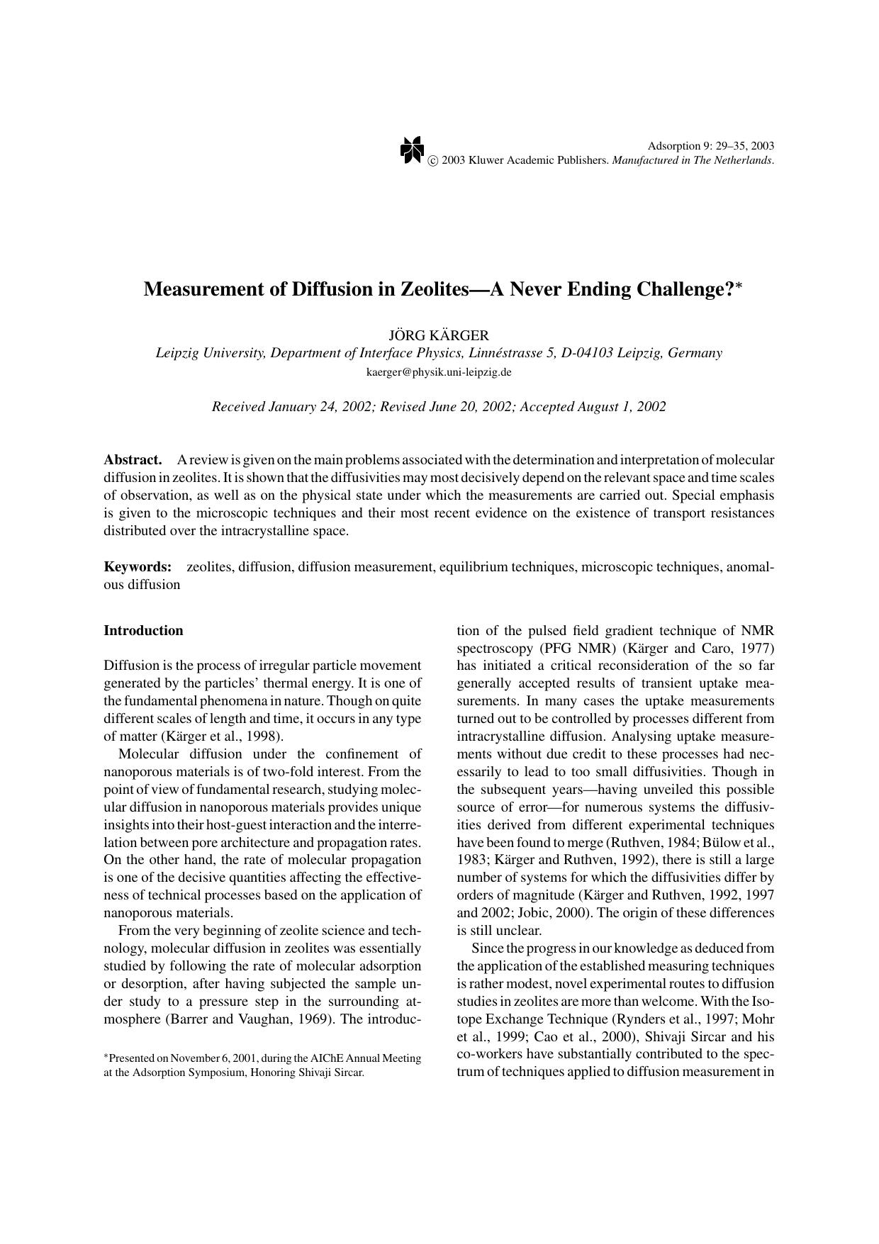 Measurement of Diffusion in Zeolites—A Never Ending Challenge? by Unknown
