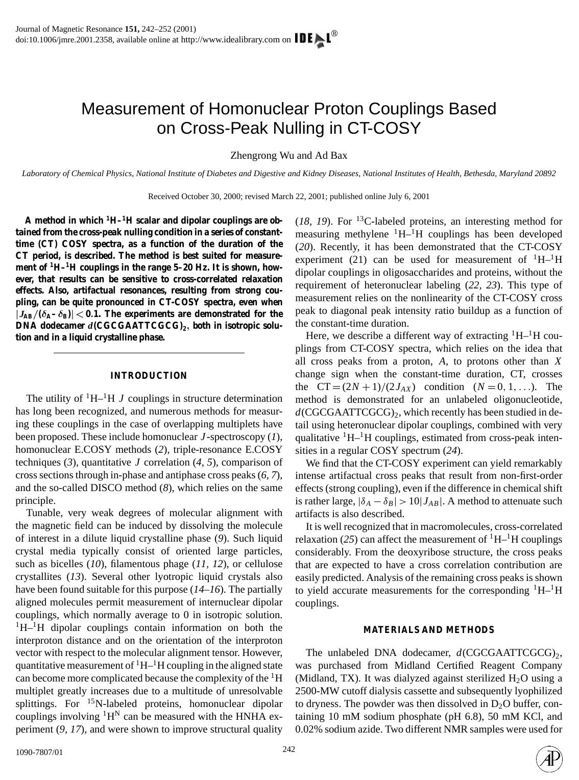 Measurement of Homonuclear Proton Couplings Based by Wu Z. et al