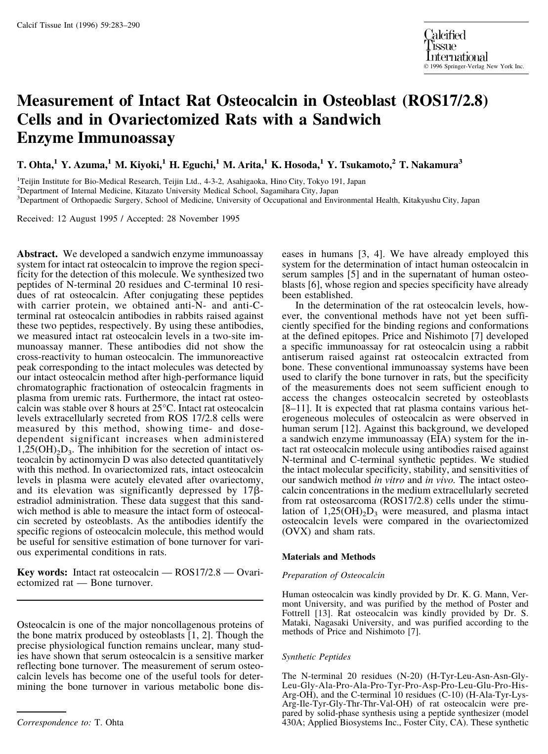 Measurement of Intact Rat Osteocalcin in Osteoblast (ROS172.8) Cells and in Ovariectomized Rats with a Sandwich Enzyme Immunoassay by Ohta T. et al