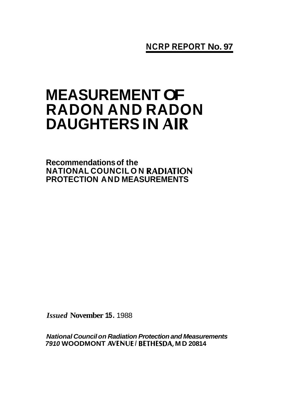 Measurement of Radon and Radon Daughters in Air (Ncrp Report, No 97) by National Council on Radiation Protection and Measurements