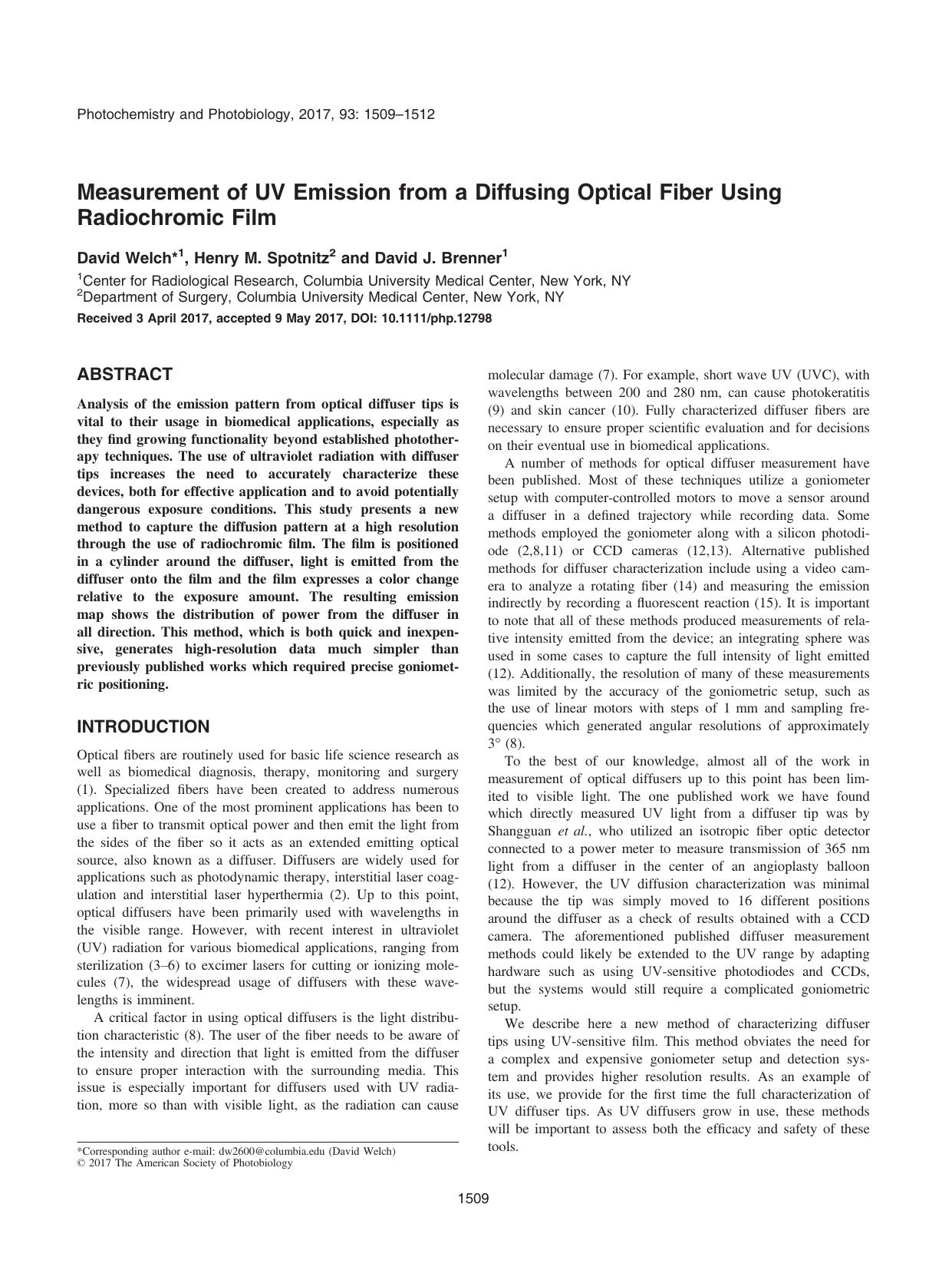 Measurement of UV Emission from a Diffusing Optical Fiber Using Radiochromic Film by Unknown