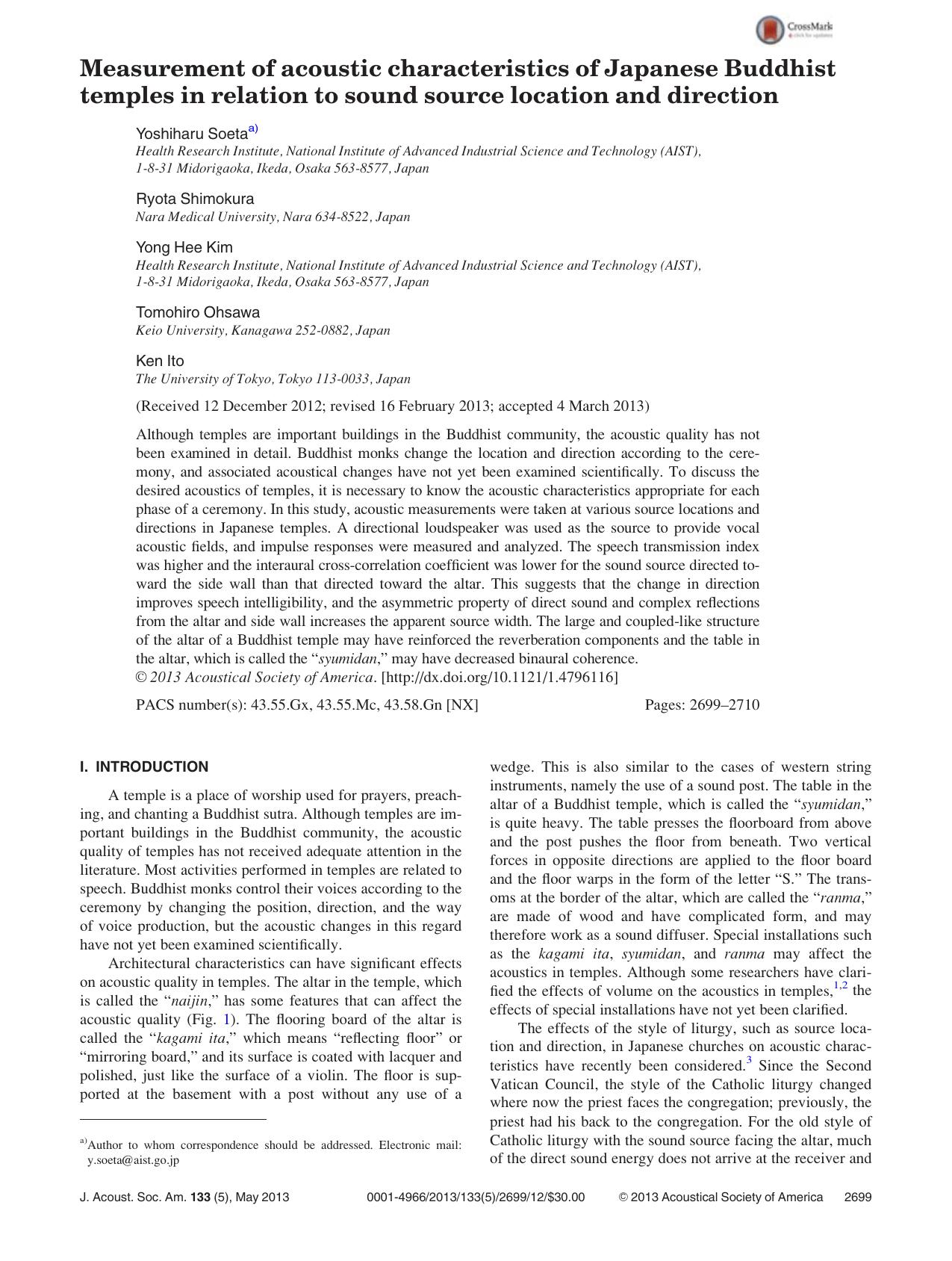Measurement of acoustic characteristics of Japanese Buddhist temples in relation to sound source location and direction by Yoshiharu Soetaa) Ryota Shimokura Yong Hee Kim Tomohiro Ohsawa and Ken Ito