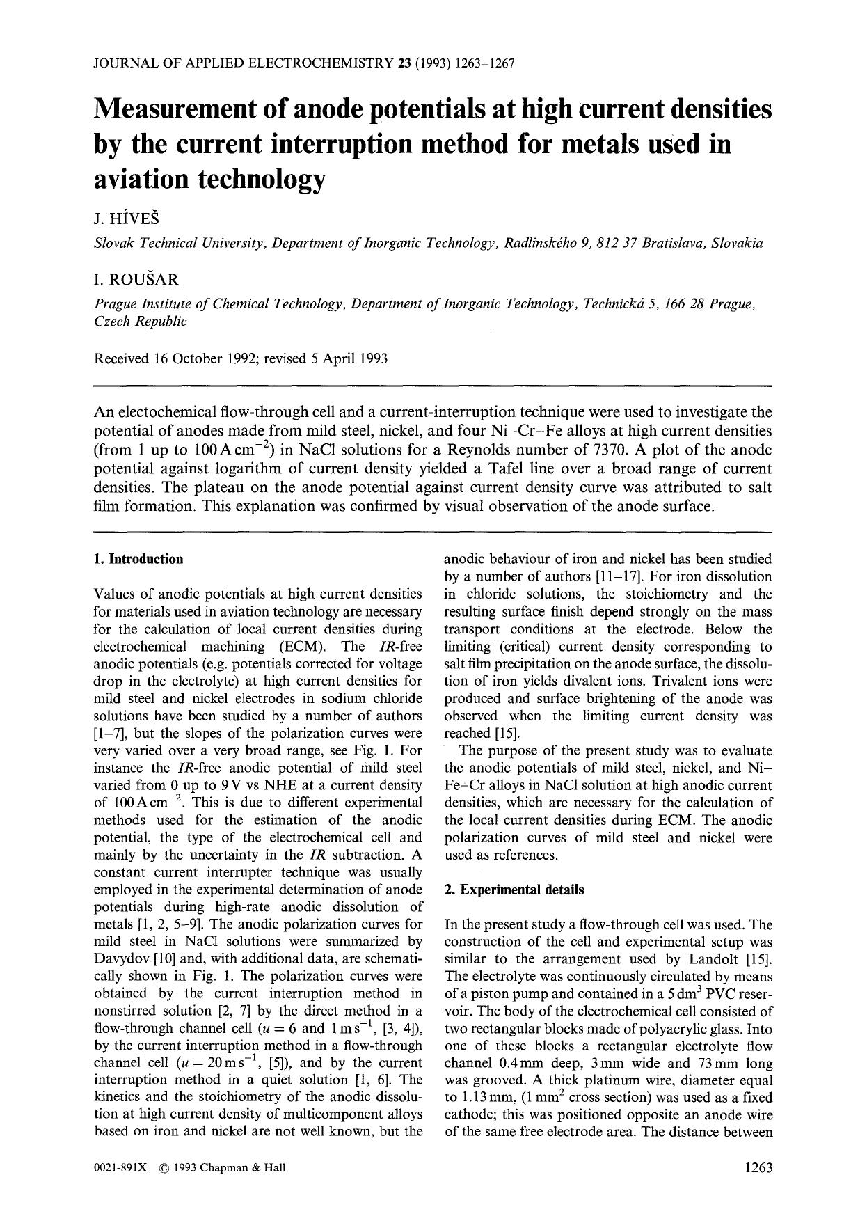 Measurement of anode potentials at high current densities by the current interruption method for metals used in aviation technology by Unknown