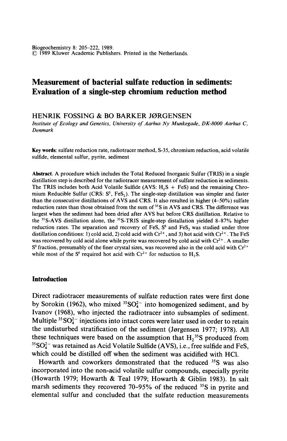Measurement of bacterial sulfate reduction in sediments: Evaluation of a single-step chromium reduction method by Unknown