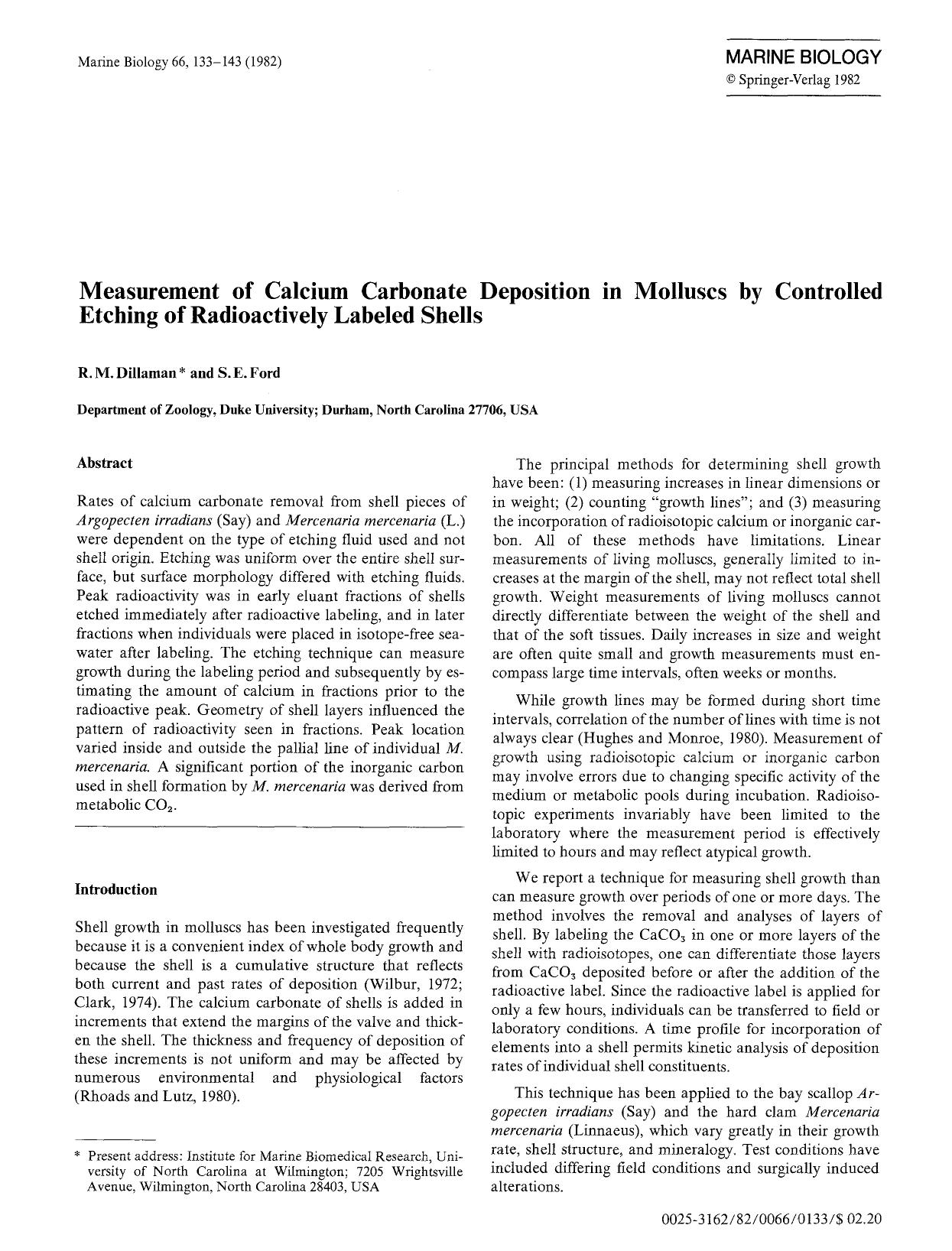 Measurement of calcium carbonate deposition in molluscs by controlled etching of radioactively labeled shells by Unknown