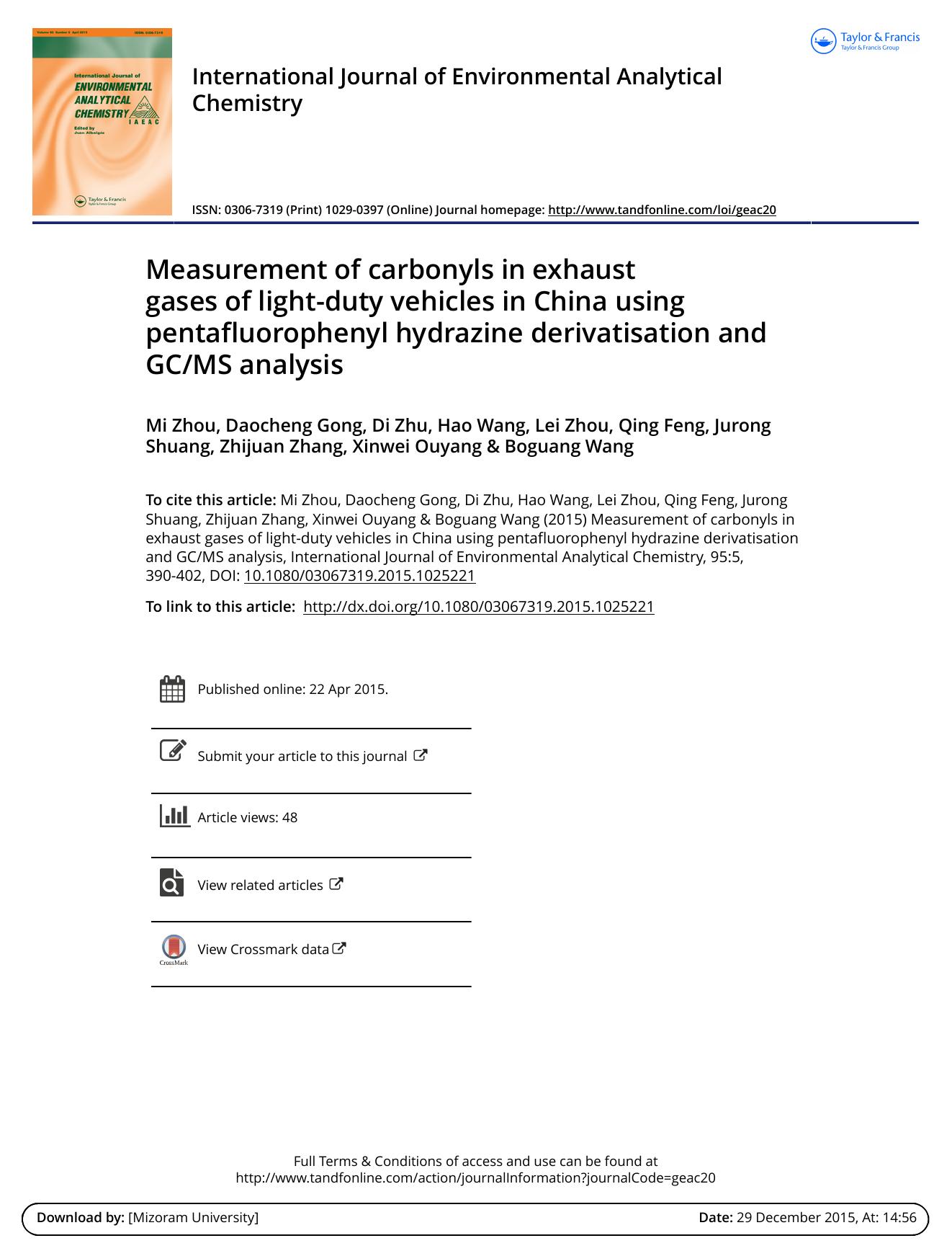 Measurement of carbonyls in exhaust gases of light-duty vehicles in China using pentafluorophenyl hydrazine derivatisation and GCMS analysis by Mi Zhou