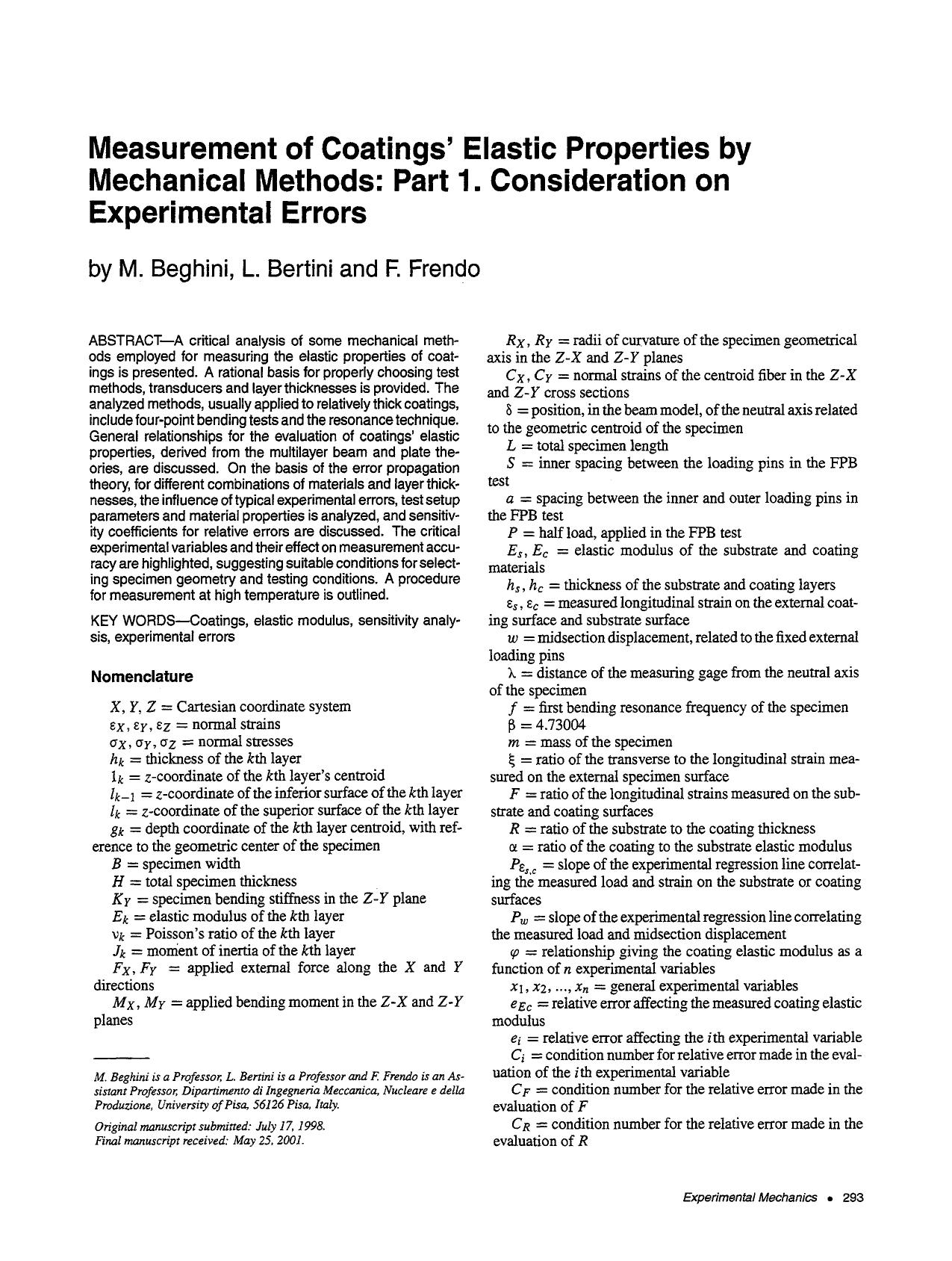 Measurement of coatings' elastic properties by mechanical methods: Part 1. Consideration on experimental errors by Unknown