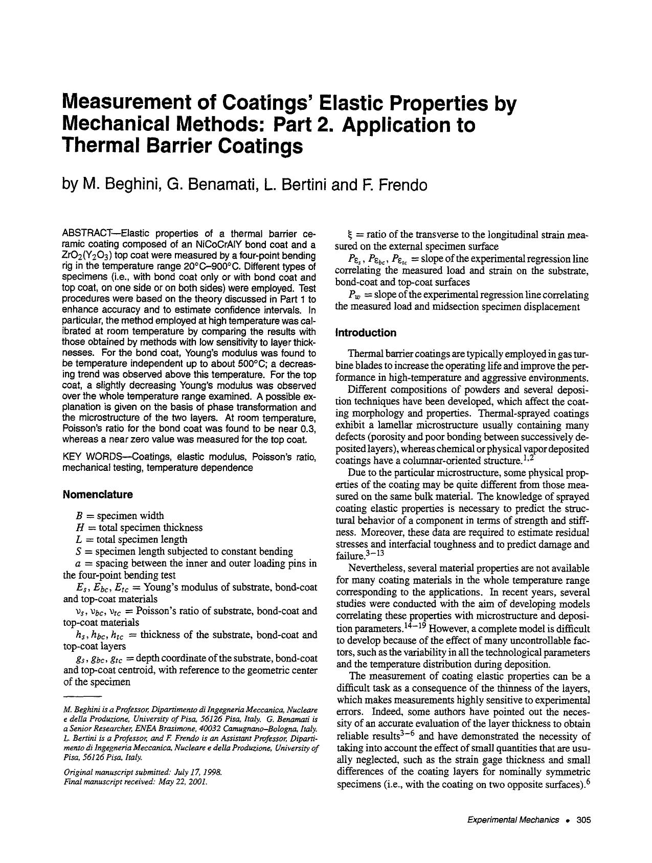 Measurement of coatings' elastic properties by mechanical methods: Part 2. Application to thermal barrier coatings by Unknown