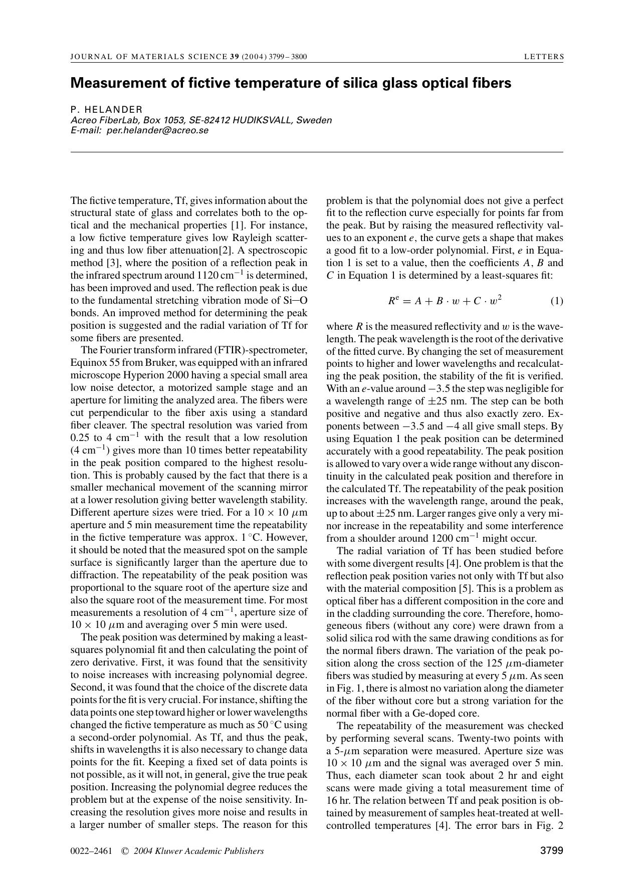 Measurement of fictive temperature of silica glass optical fibers by Unknown