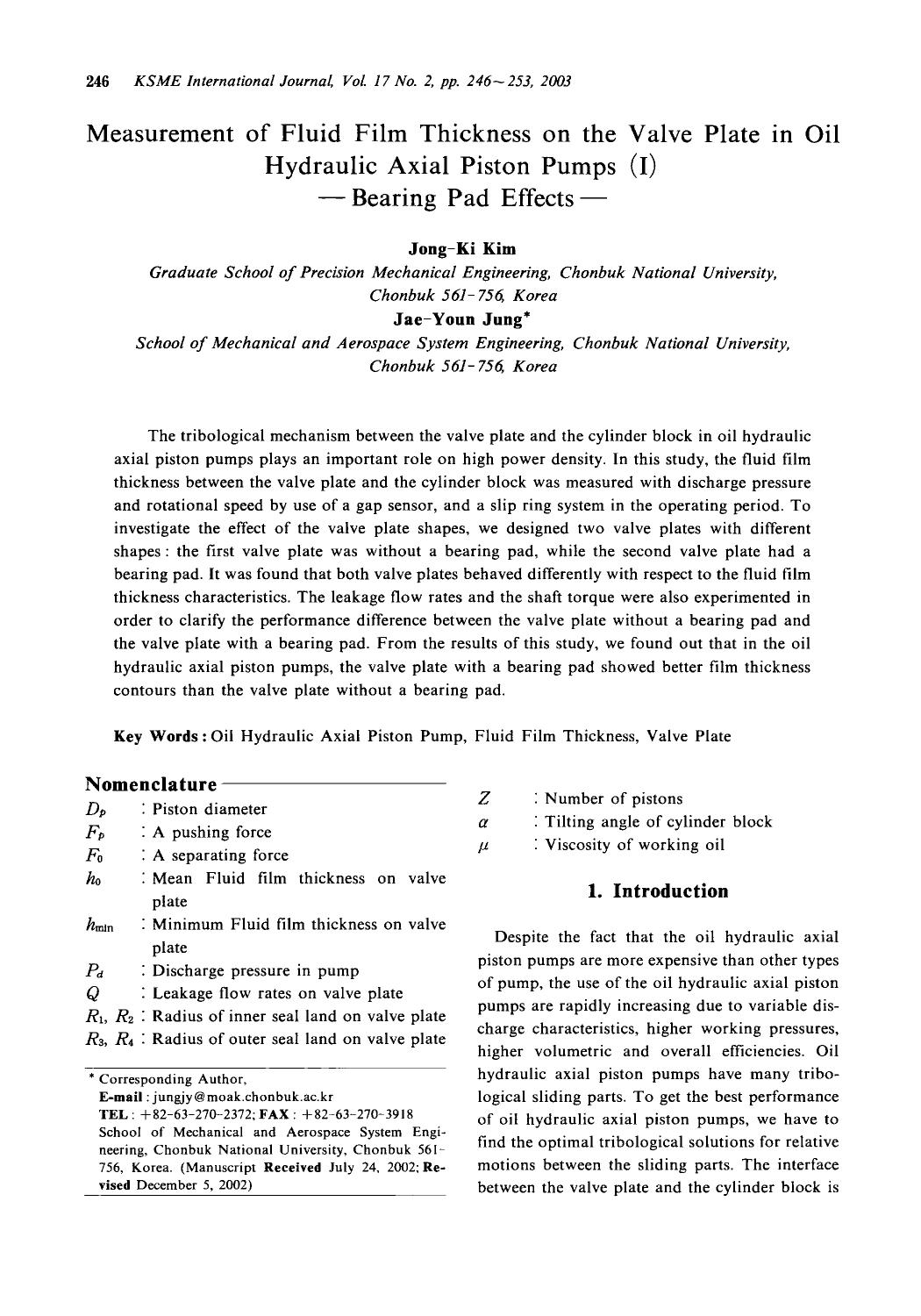 Measurement of fluid film thickness on the valve plate in oil hydraulic axial piston pumps (I)-bearing pad effects- by Unknown