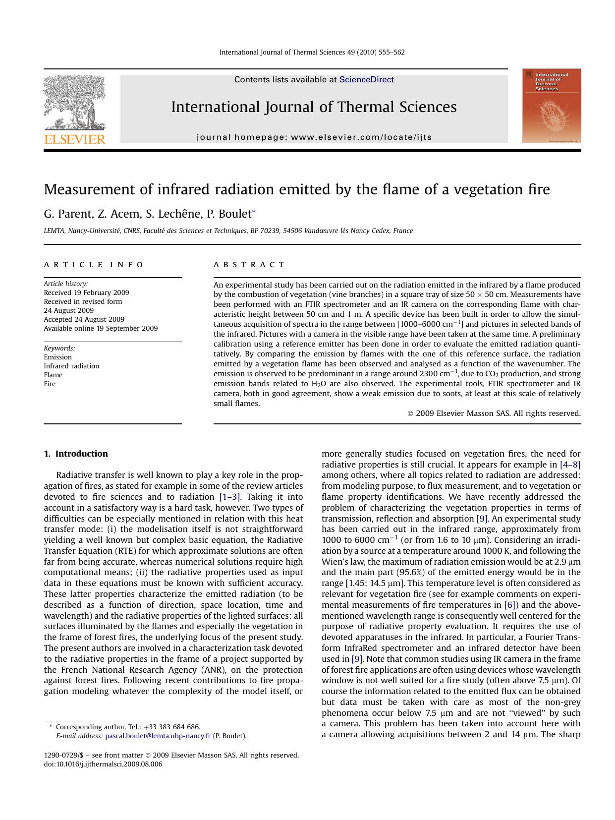 Measurement of infrared radiation emitted by the flame of a vegetation fire by G. Parent; Z. Acem; S. LechEne; P. Boulet