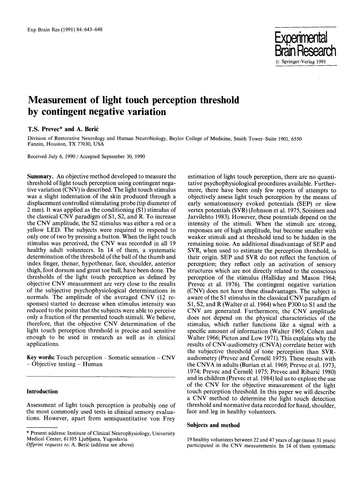 Measurement of light touch perception threshold by contingent negative variation by Unknown
