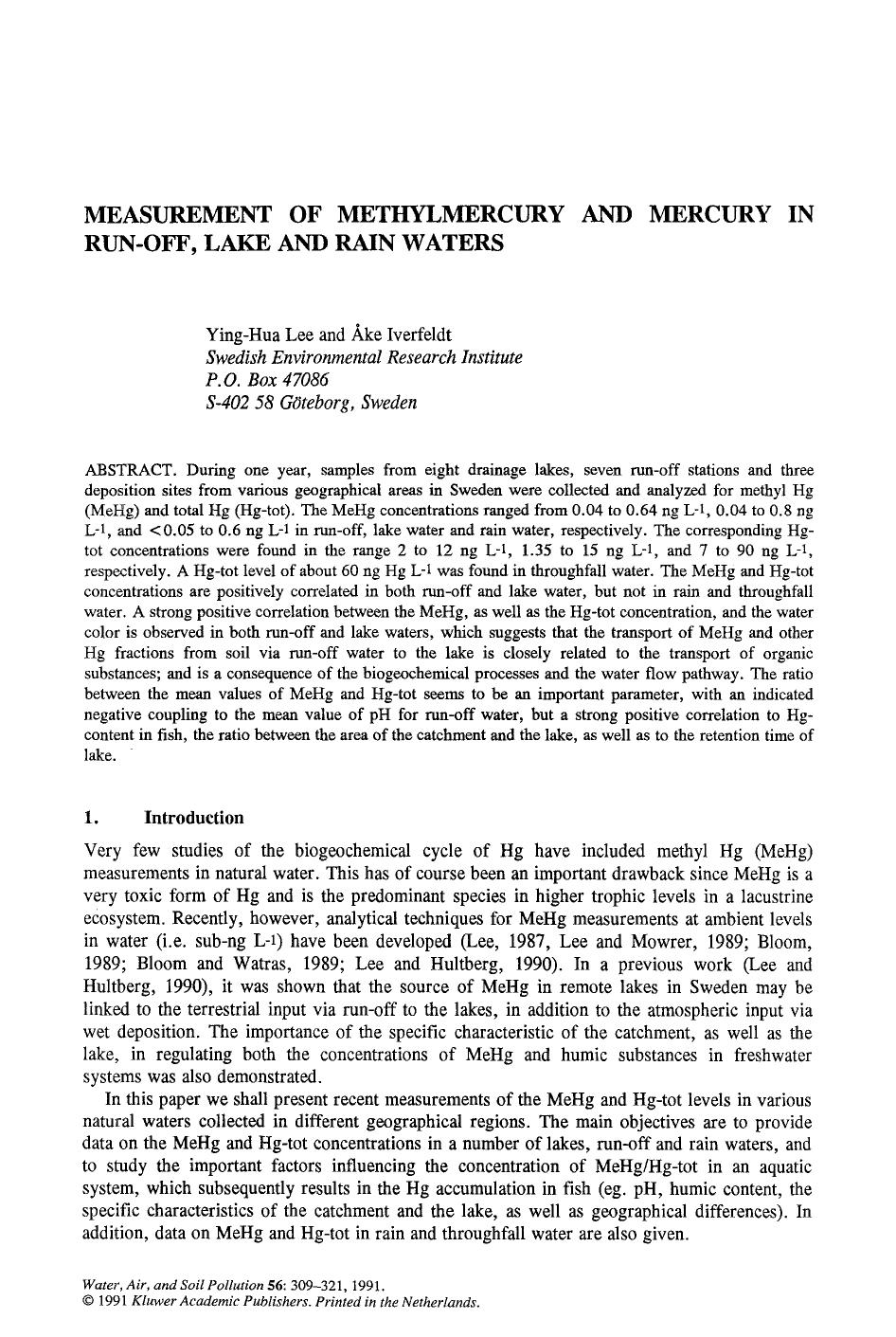 Measurement of methylmercury and mercury in run-off, lake and rain waters by Unknown