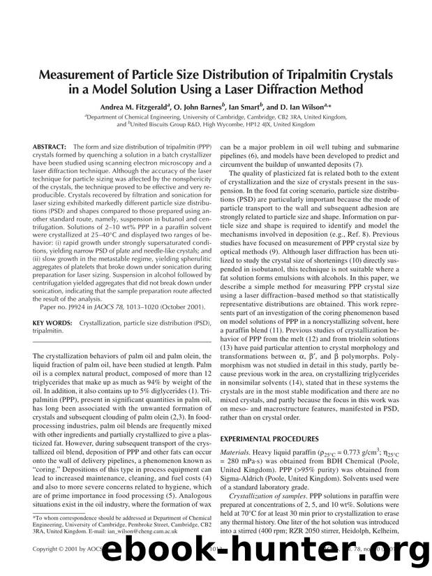 Measurement of particle size distribution of tripalmitin crystals in a model solution using a laser diffraction method by Unknown