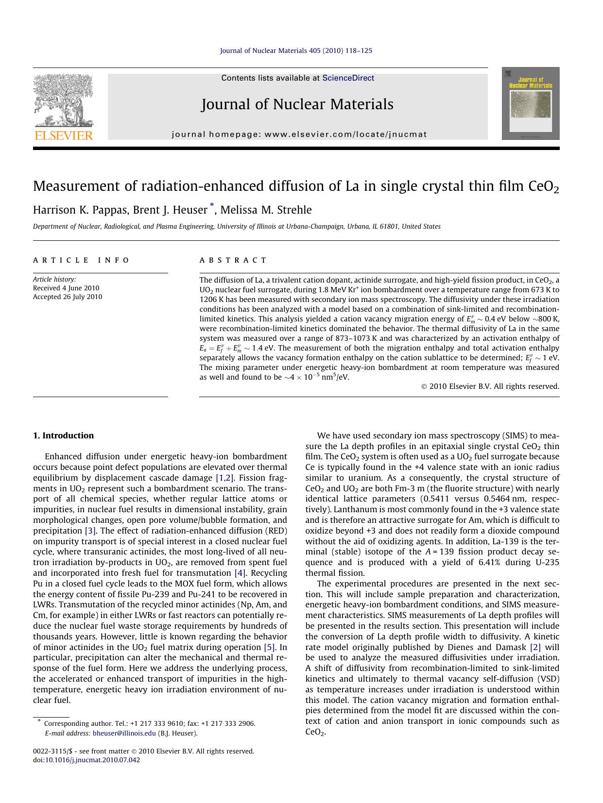 Measurement of radiation-enhanced diffusion of La in single crystal thin film CeO2 by Harrison K. Pappas & Brent J. Heuser & Melissa M. Strehle