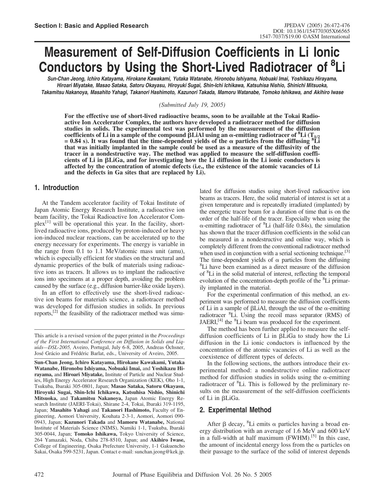 Measurement of self-diffusion coefficients in Li ionic conductors by using the short-lived radiotracer of <Superscript>8 <Superscript>Li by Unknown