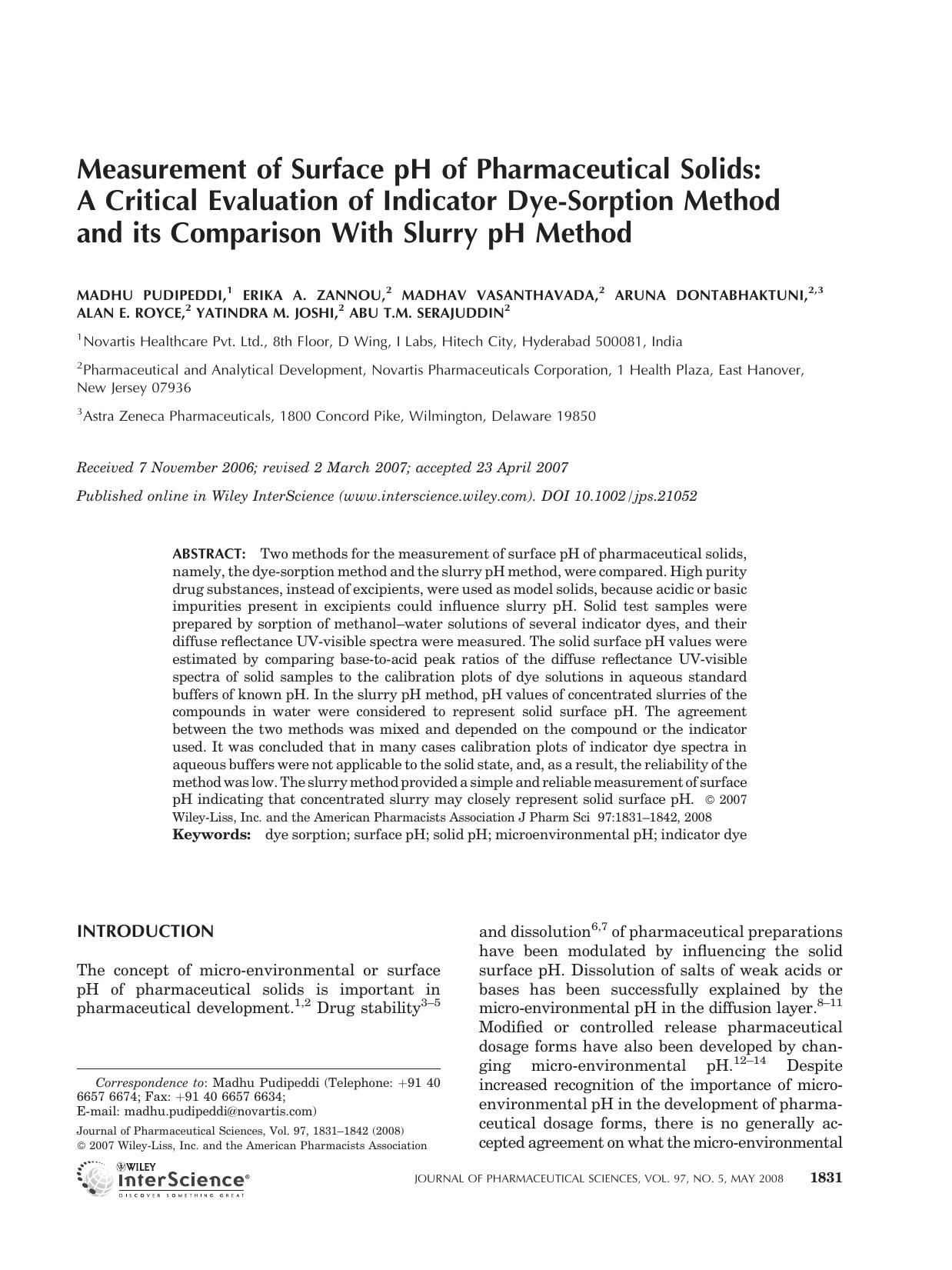 Measurement of surface pH of pharmaceutical solids: A critical evaluation of indicator dye-sorption method and its comparison with slurry pH method by Unknown
