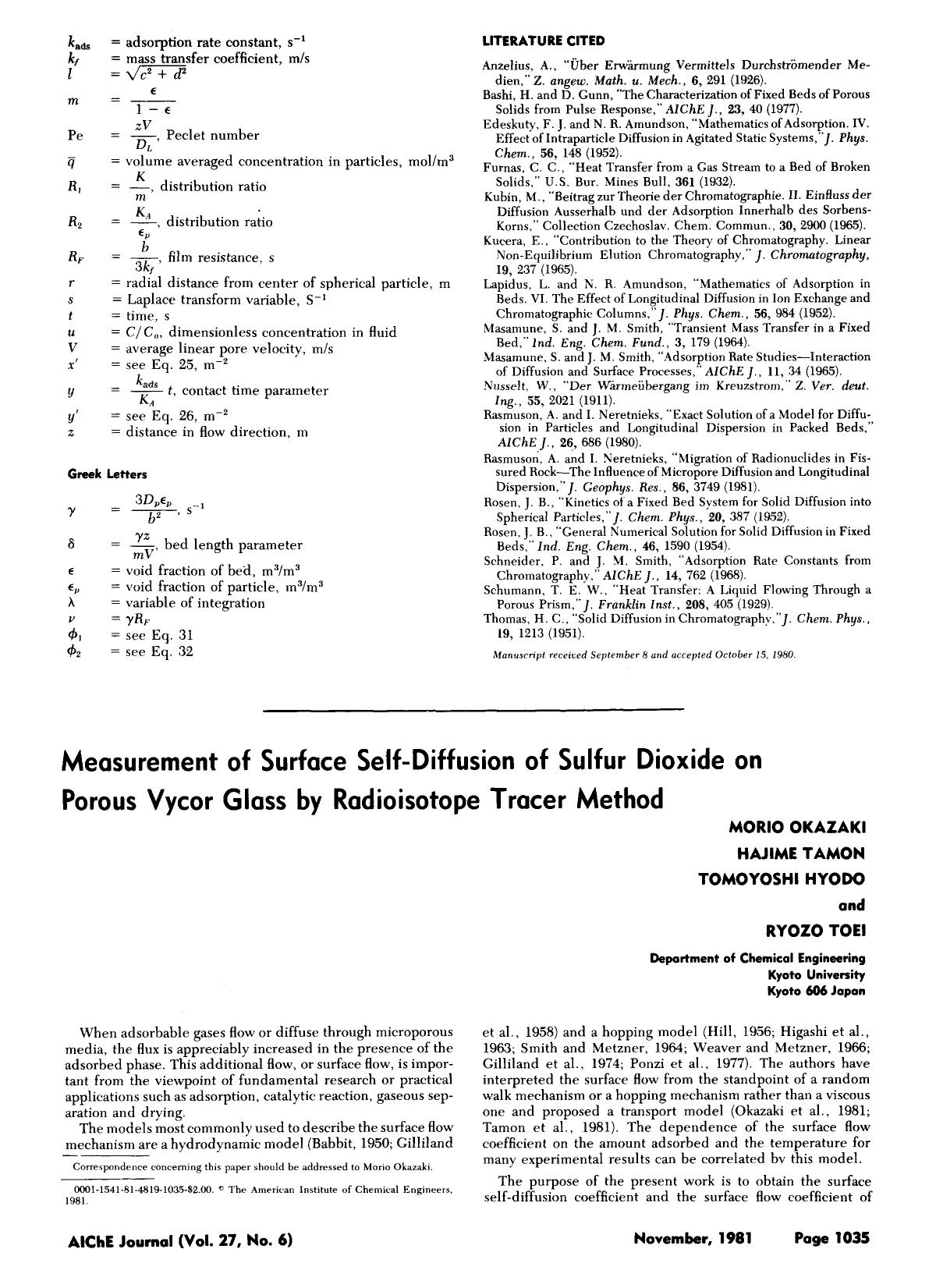 Measurement of surface self-diffusion of sulfur dioxide on porous vycor glass by radioisotope tracer method by Unknown