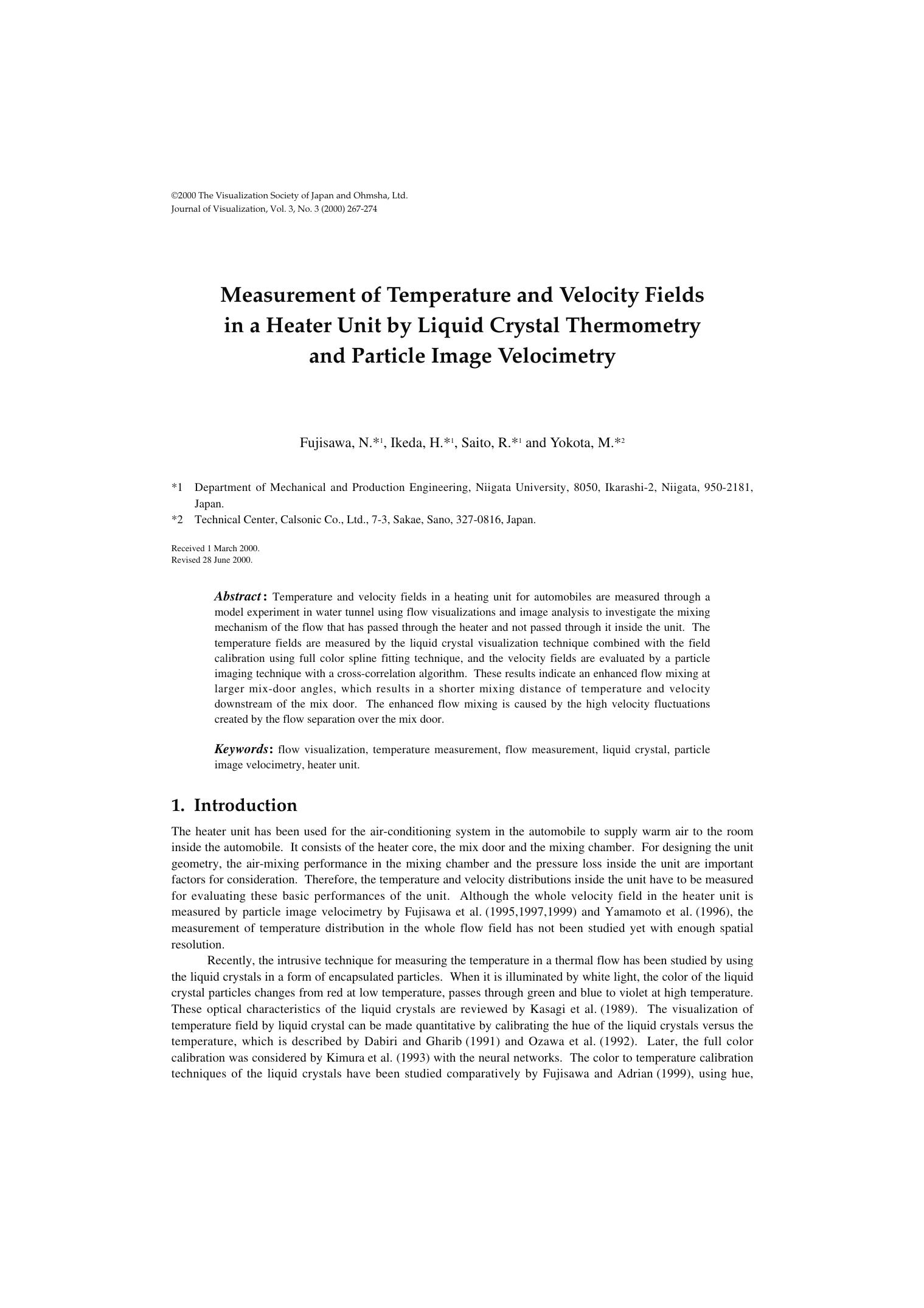 Measurement of temperature and velocity fields in a heater unit by liquid crystal thermometry and particle image velocimetry by Unknown