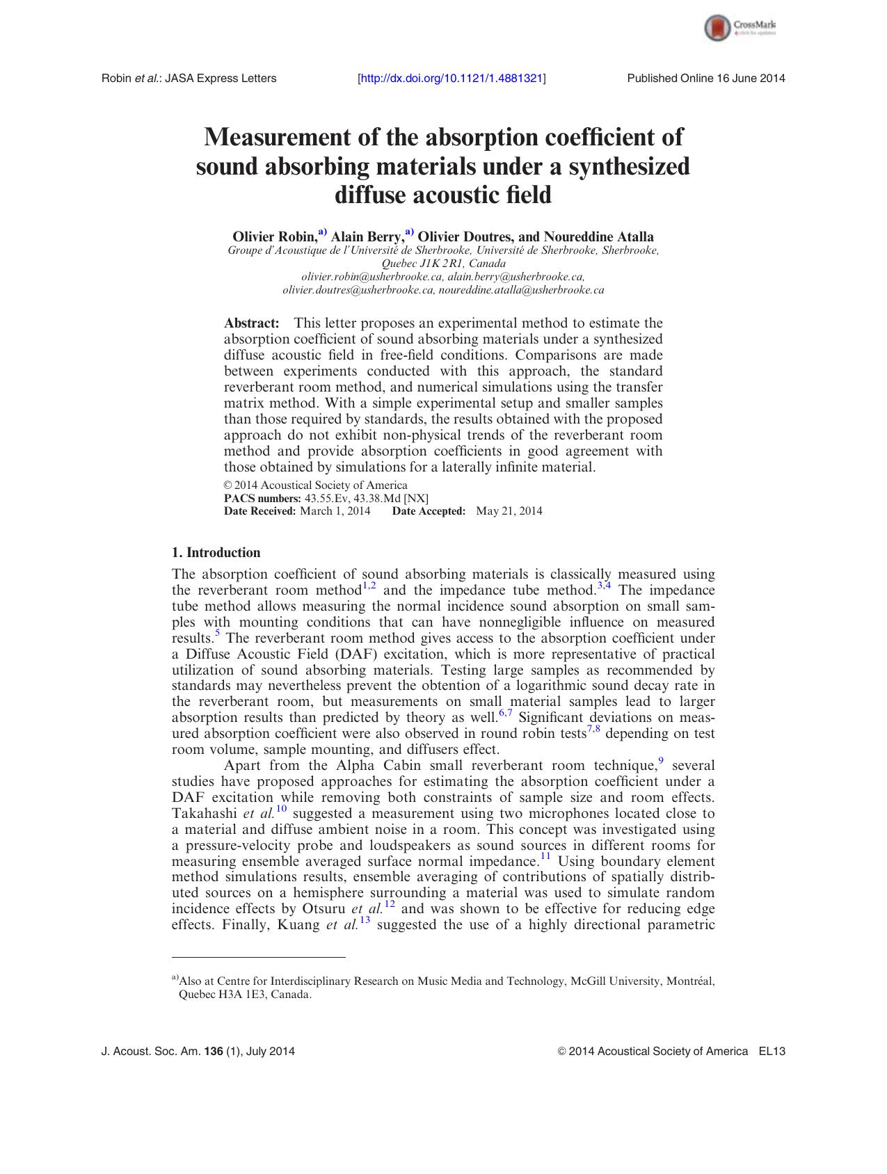 Measurement of the absorption coefficient of sound absorbing materials under a synthesized diffuse acoustic field by Olivier Robin & Alain Berry & Olivier Doutres & Noureddine Atalla