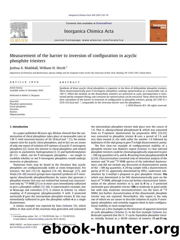 Measurement of the barrier to inversion of configuration in acyclic phosphite triesters by Joshua A. Mukhlall & William H. Hersh