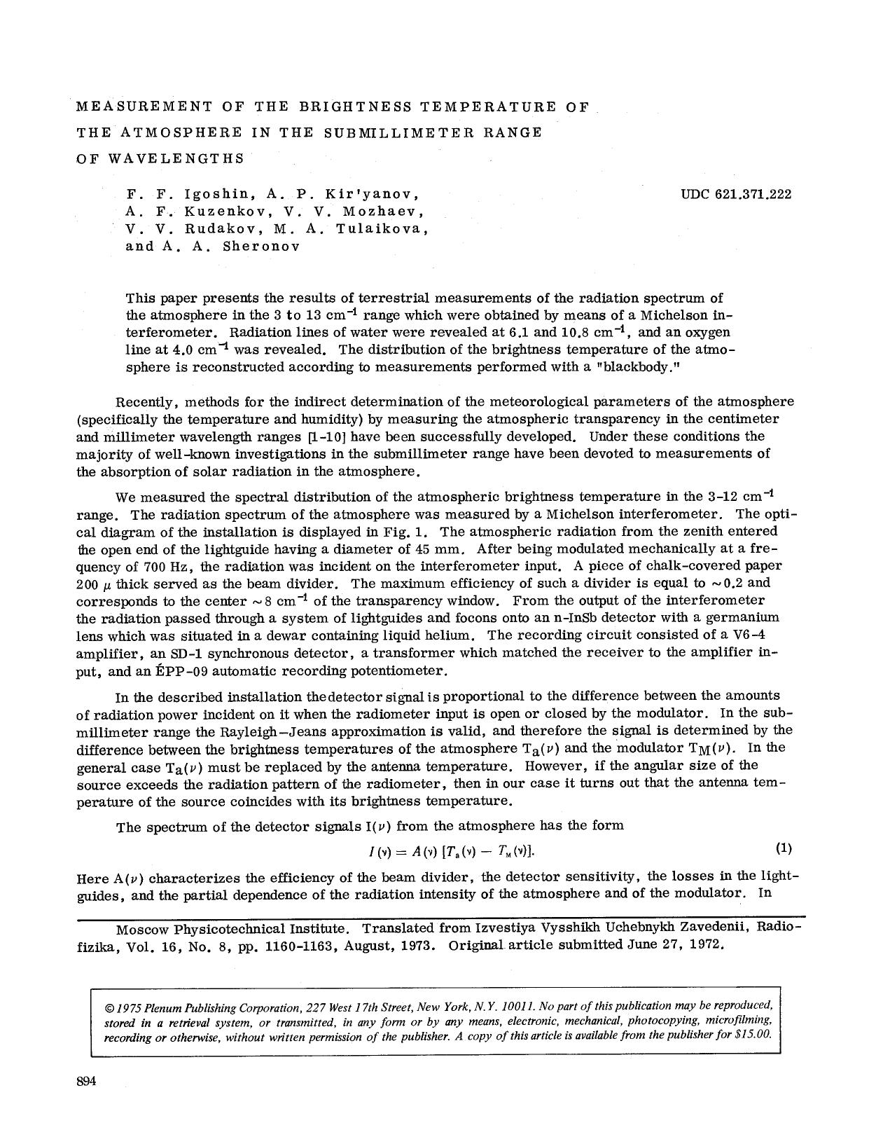 Measurement of the brightness temperature of the atmosphere in the submillimeter range of wavelengths by Unknown