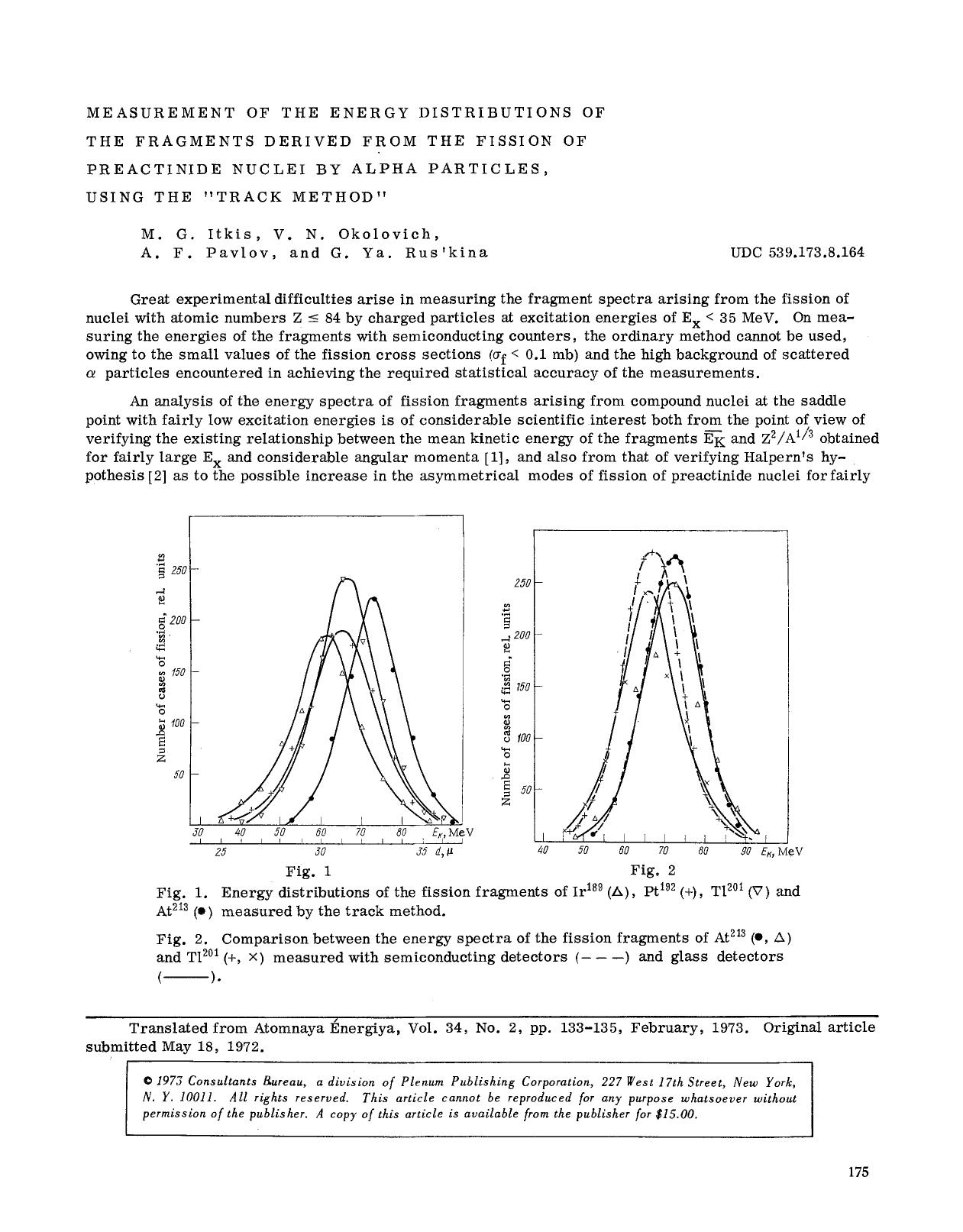 Measurement of the energy distributions of the fragments derived from the fission of preactinide nuclei by alpha particles, using the &#x201C;track method&#x201D; by Unknown