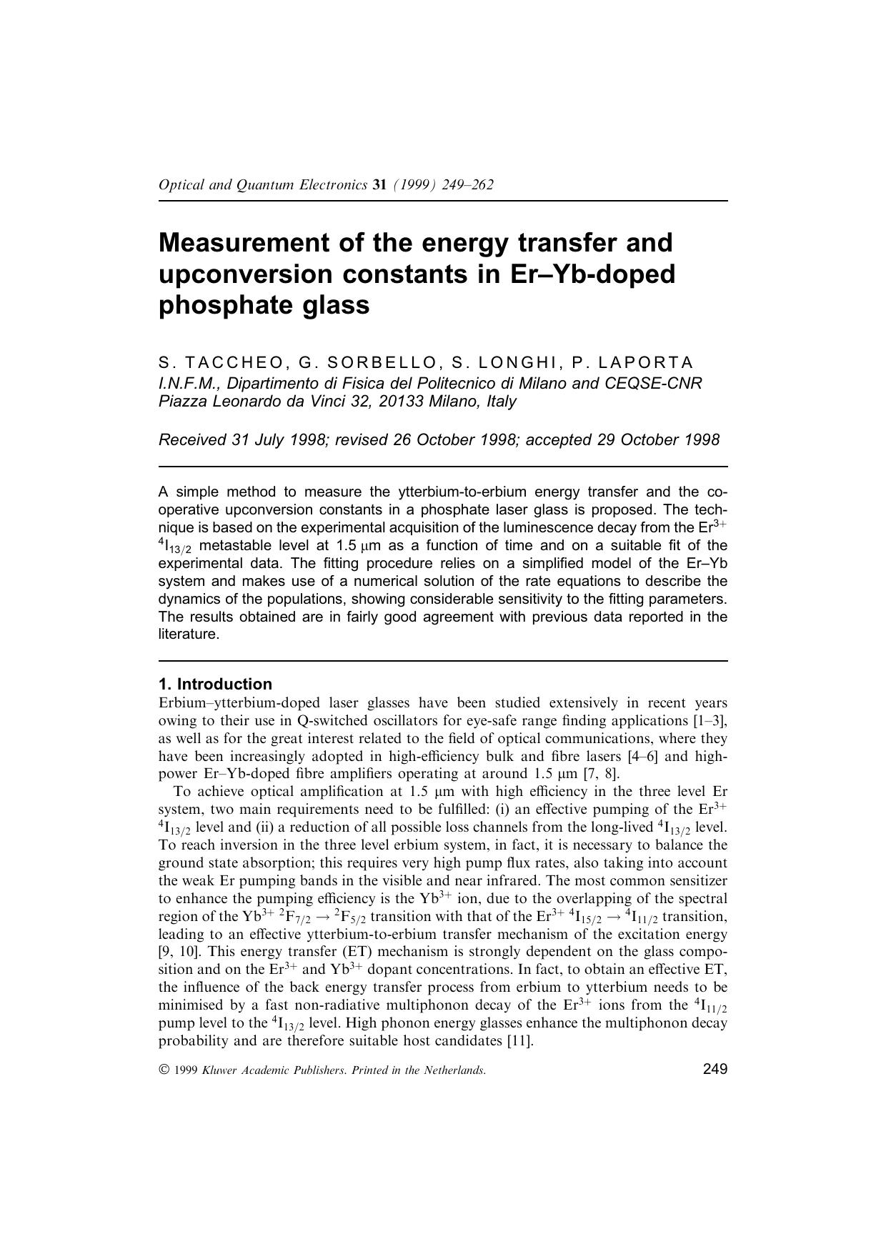 Measurement of the energy transfer and upconversion constants in Er–Yb-doped phosphate glass by Unknown