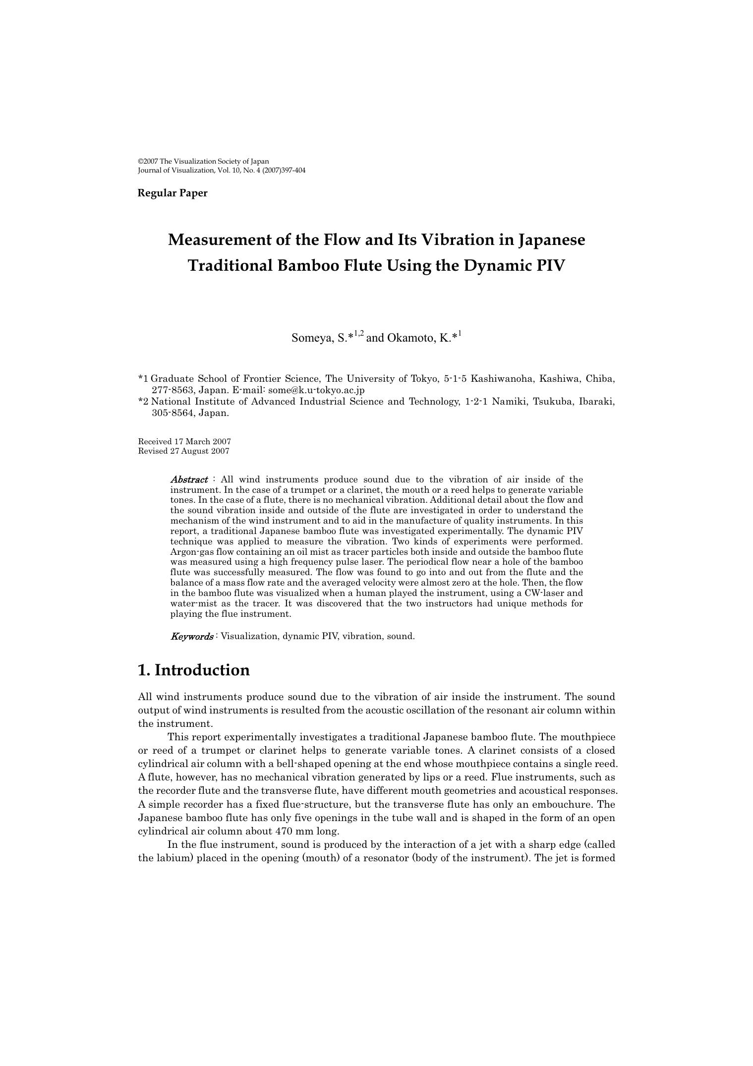 Measurement of the flow and its vibration in Japanese traditional bamboo flute using the dynamic PIV by Unknown