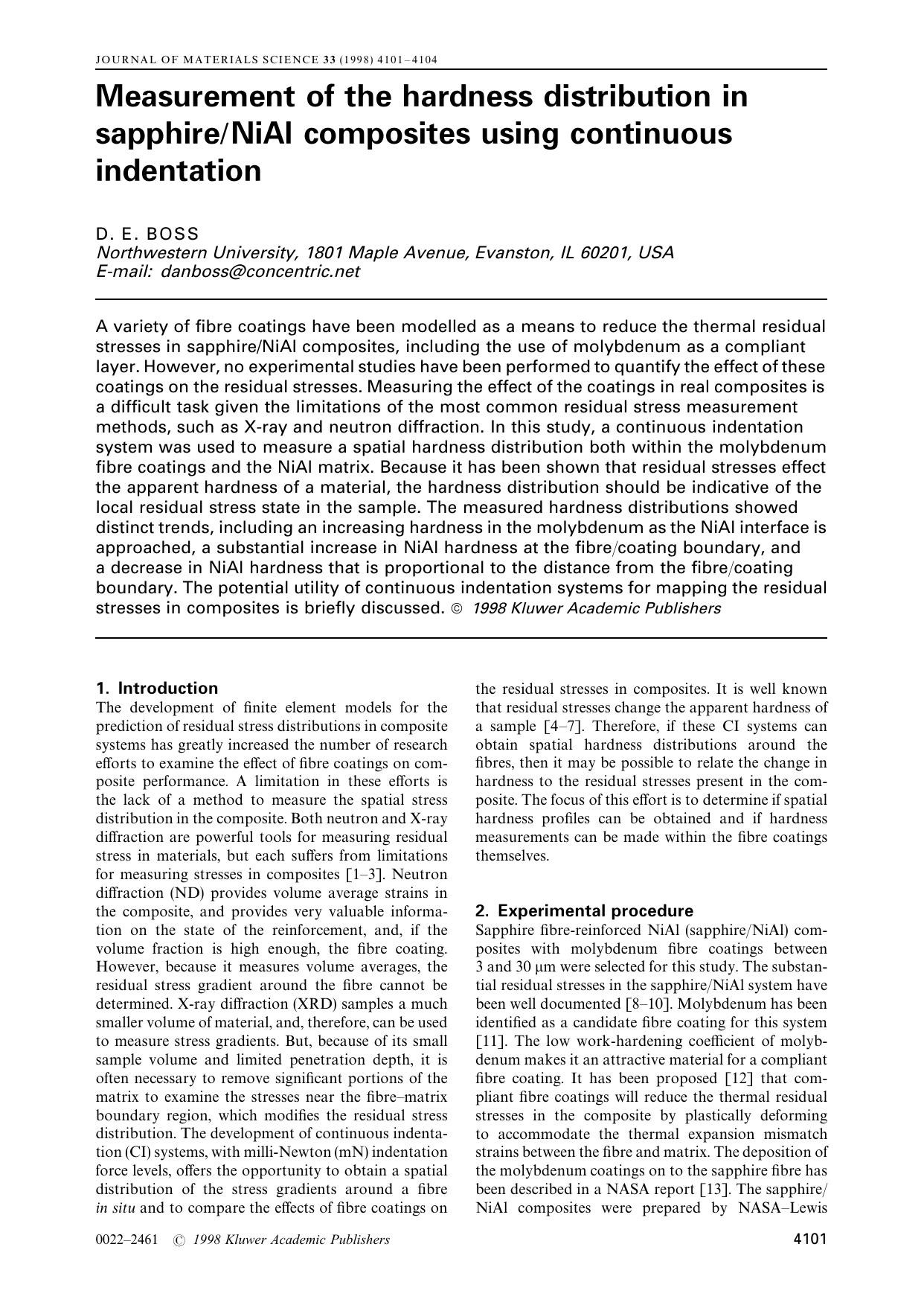 Measurement of the hardness distribution in sapphire NiAl composites using continuous indentation by D. E. BOSS