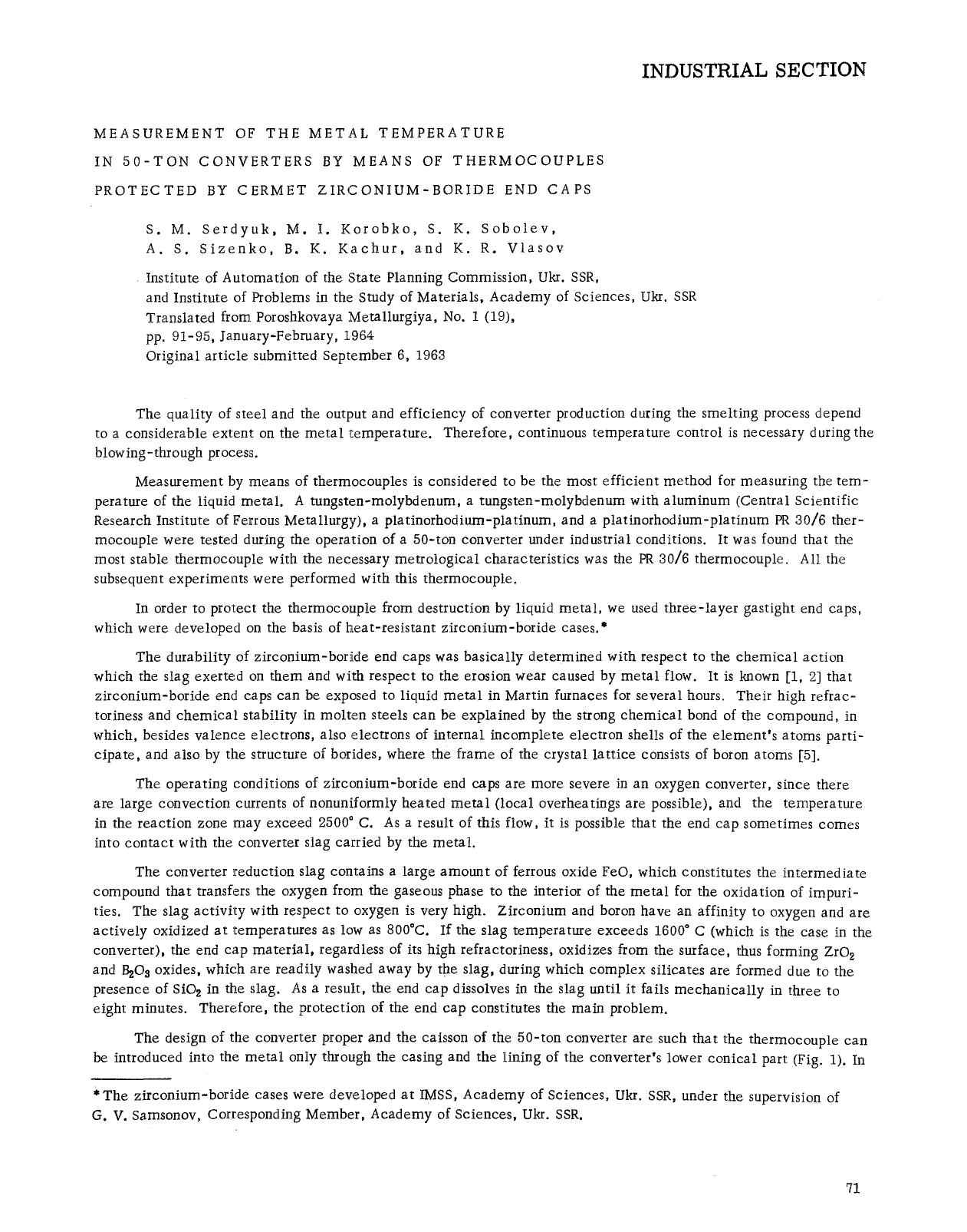 Measurement of the metal temperature in 50-ton converters by means of thermocouples protected by cermet zirconium-boride end caps by Unknown