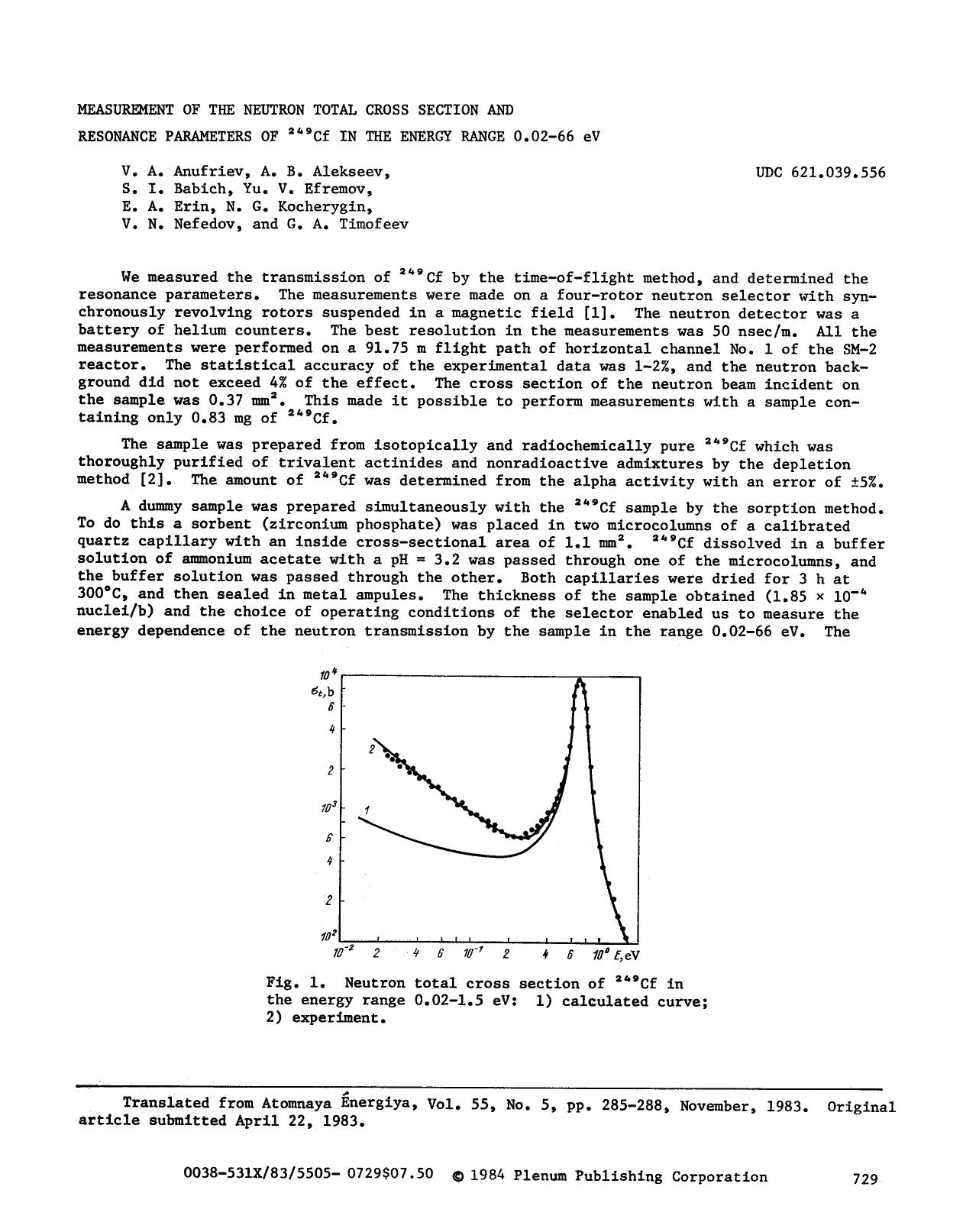 Measurement of the neutron total cross section and resonance parameters of <Superscript>249 <Superscript>Cf in the energy range 0.02&#x2013;66 eV by Unknown