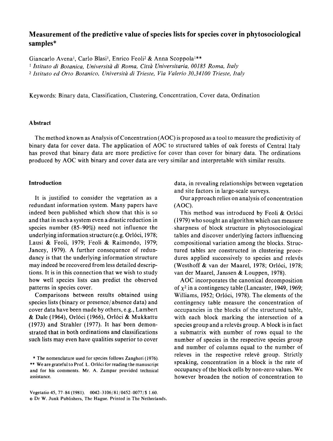 Measurement of the predictive value of species lists for species cover in phytosociological samples by Unknown