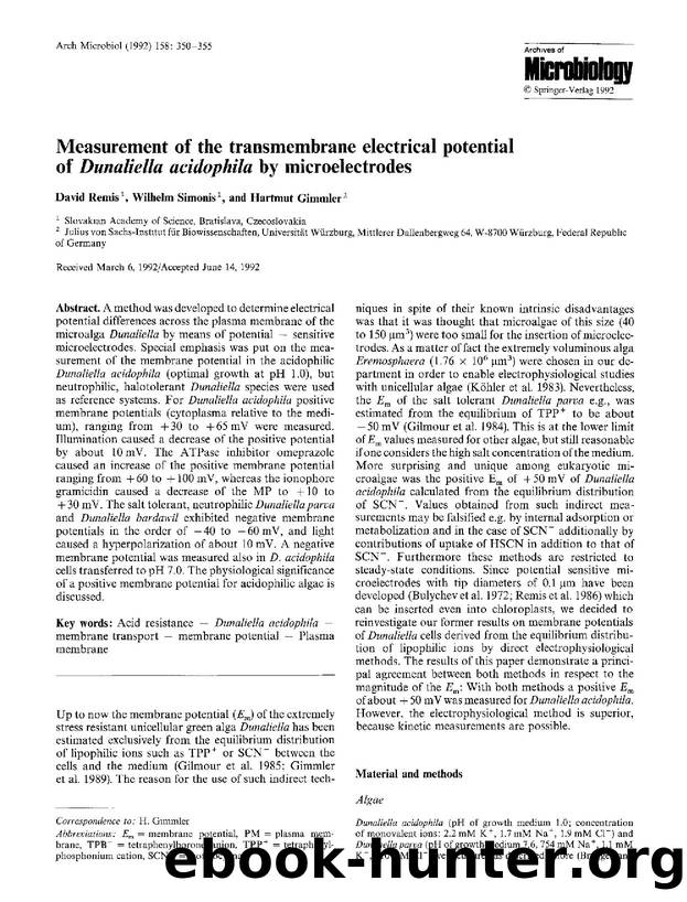 Measurement of the transmembrane electrical potential of <Emphasis Type="Italic">Dunaliella acidophila<Emphasis> by microelectrodes by Unknown