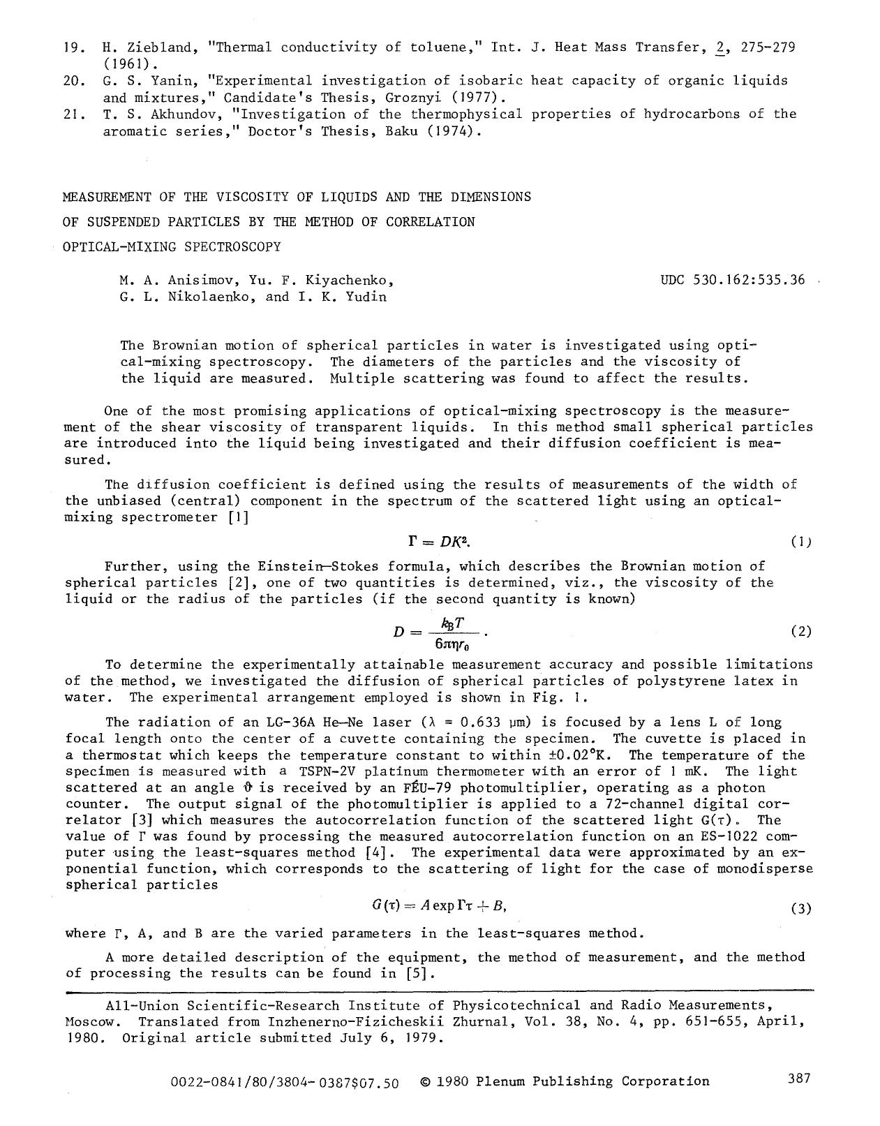 Measurement of the viscosity of liquids and the dimensions of suspended particles by the method of correlation optical-mixing spectroscopy by Unknown
