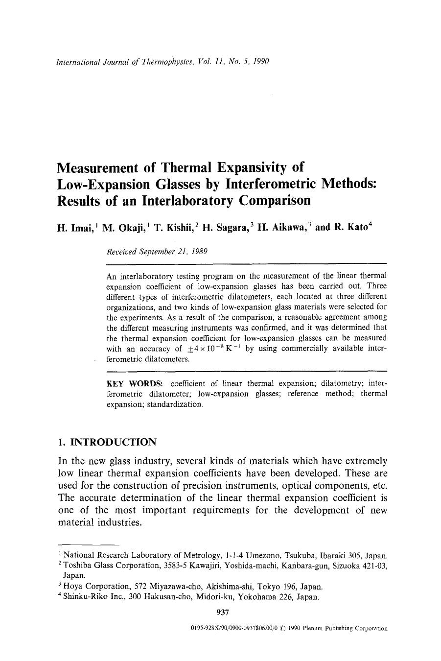 Measurement of thermal expansivity of low-expansion glasses by interferometric methods: Results of an interlaboratory comparison by Unknown