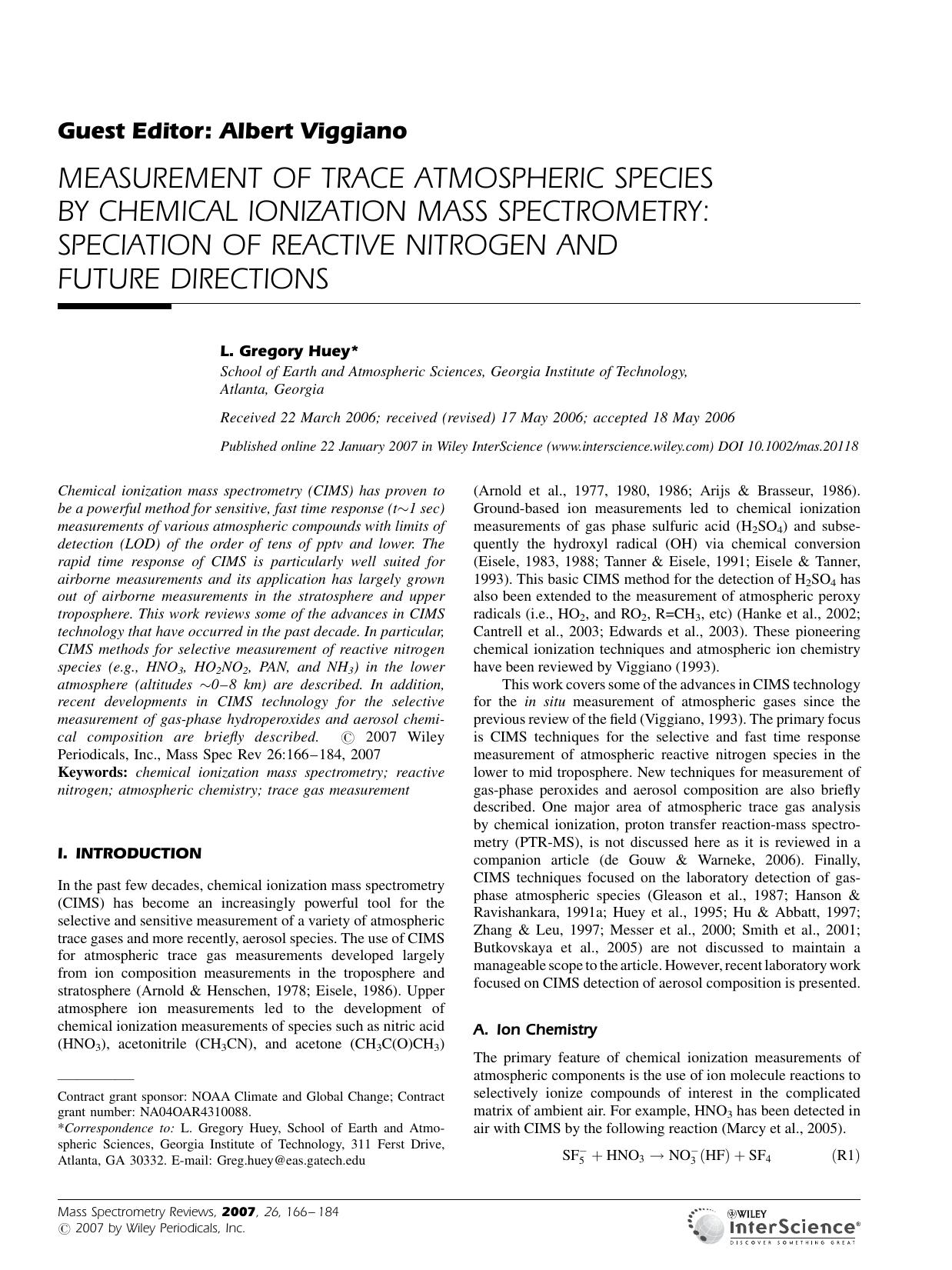 Measurement of trace atmospheric species by chemical ionization mass spectrometry: Speciation of reactive nitrogen and future directions by Unknown