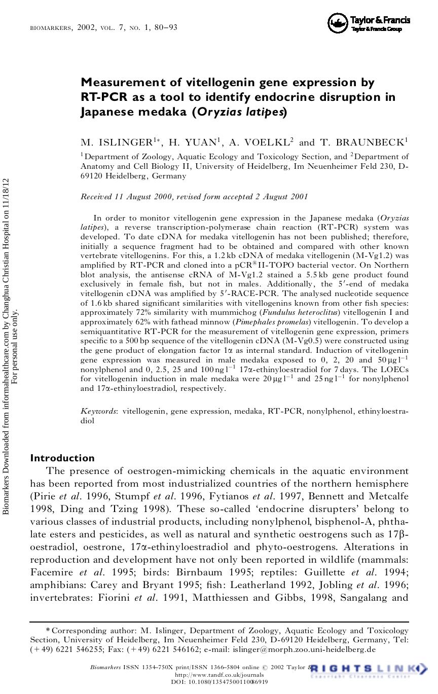 Measurement of vitellogenin gene expression by RT-PCR as a tool to identify endocrine disruption in Japanese medaka (Oryzias latipes) by M. Islinger H. Yuan A. Voelkl & T. Braunbeck