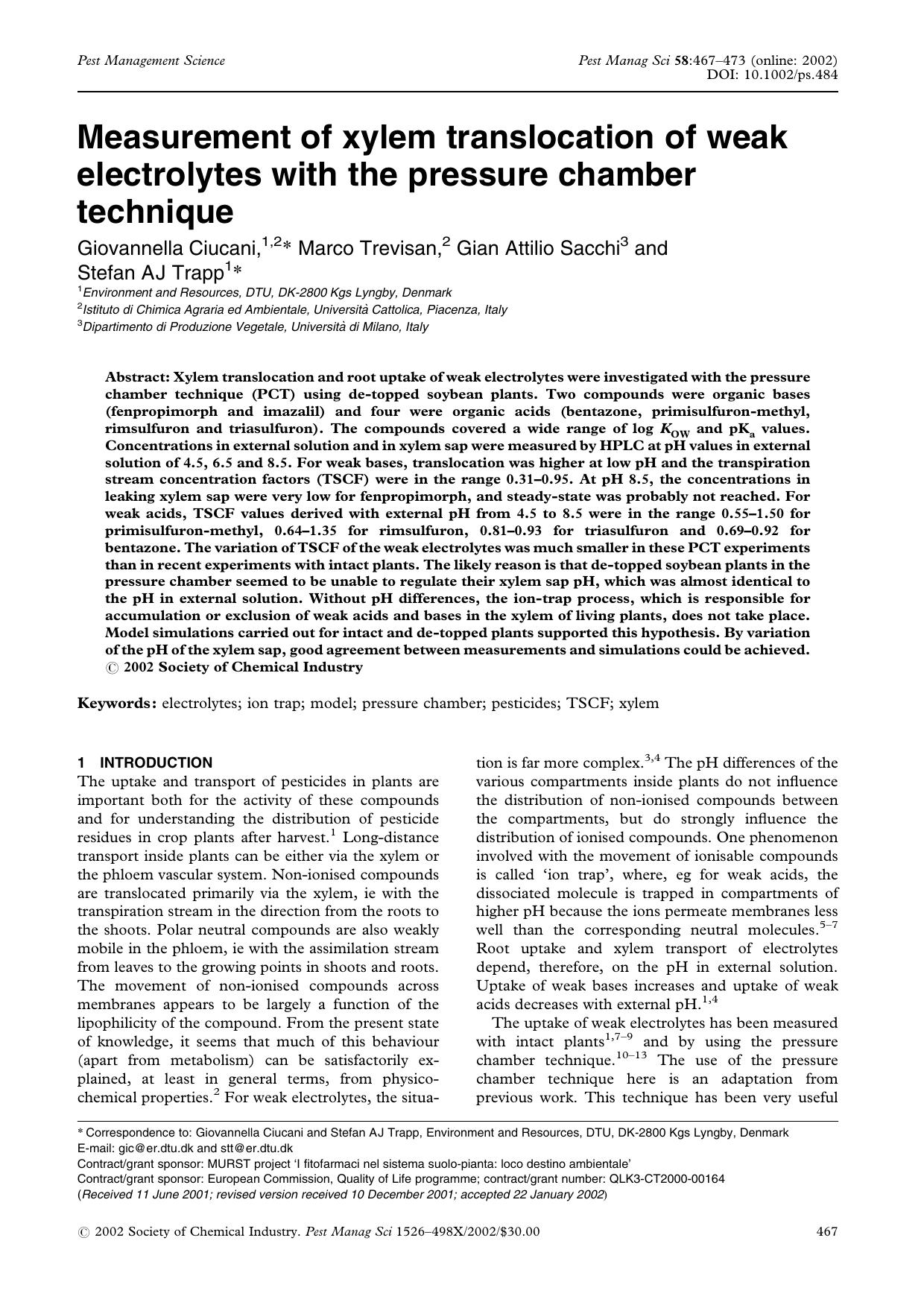 Measurement of xylem translocation of weak electrolytes with the pressure chamber technique by Unknown