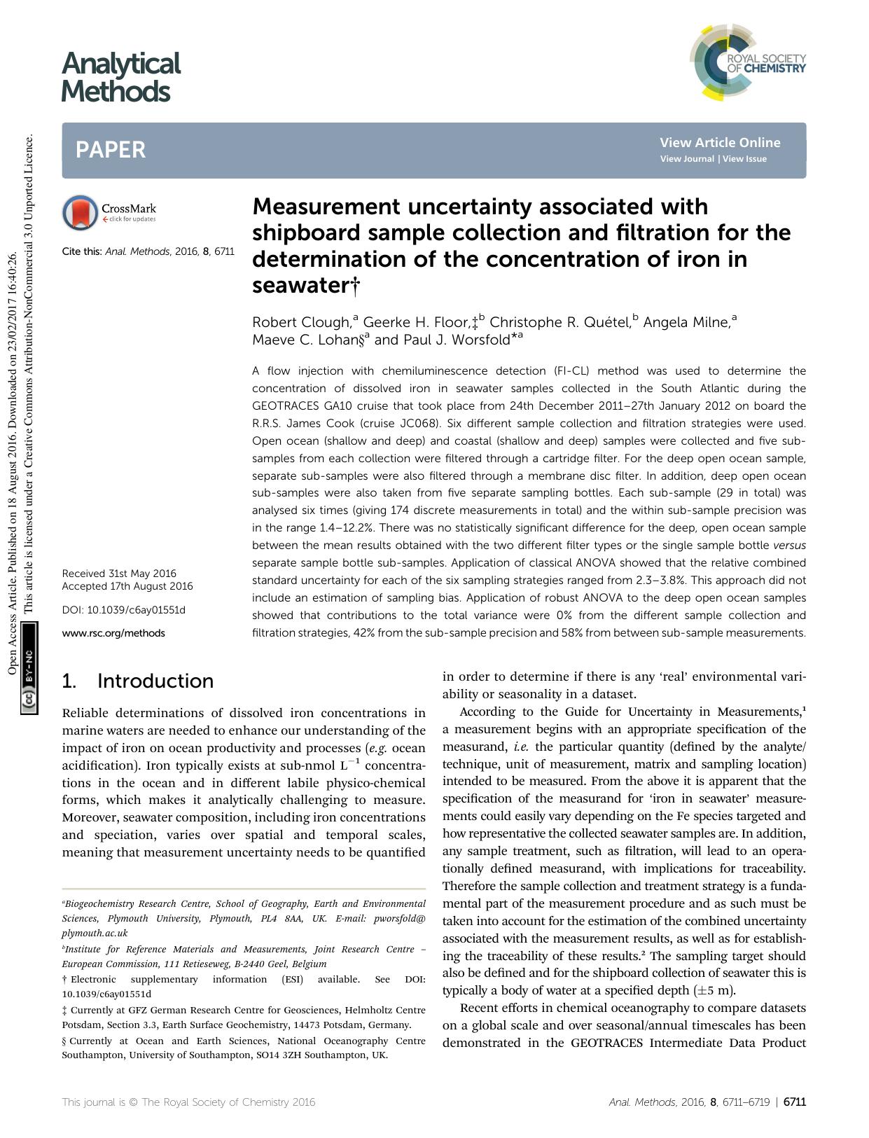 Measurement uncertainty associated with shipboard sample collection and filtration for the determination of the concentration of iron in seawater by unknow