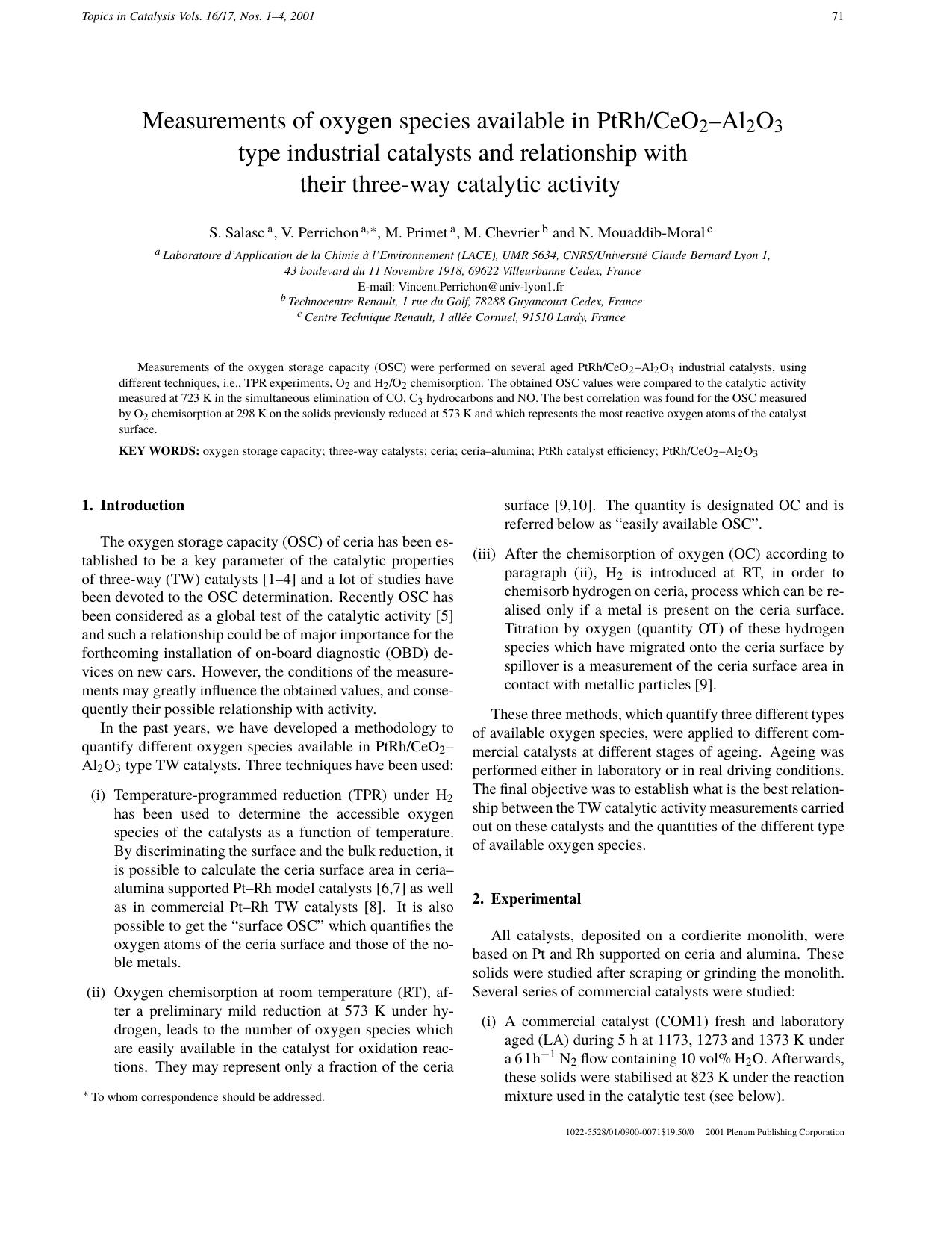 Measurements of Oxygen Species Available in PtRhCeO2–Al2O3 Type Industrial Catalysts and Relationship with Their Three-Way Catalytic Activity by Unknown