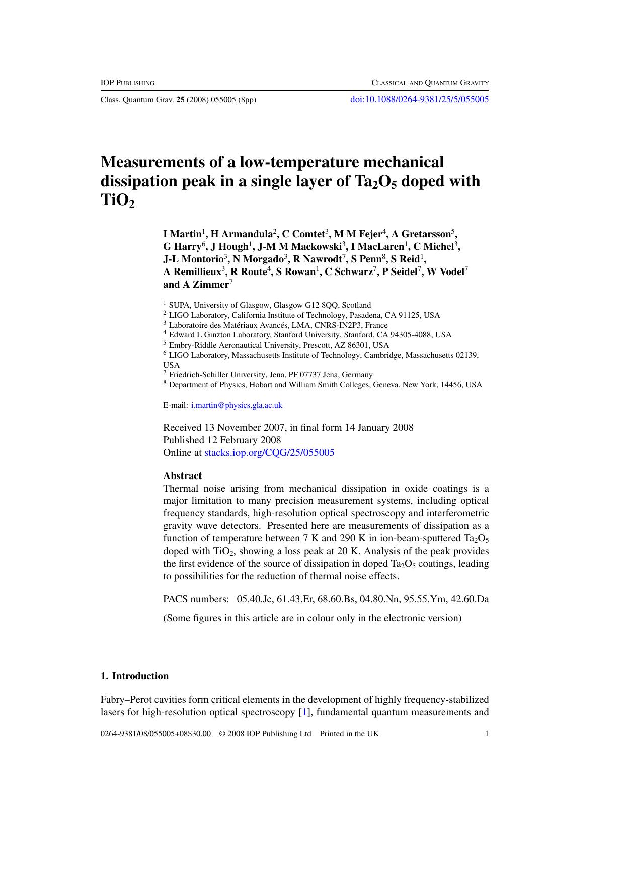 Measurements of a low-temperature mechanical dissipation peak by I Martin et al