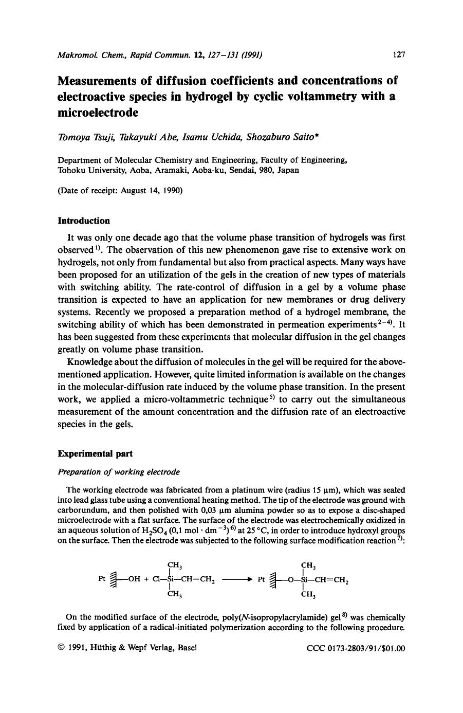 Measurements of diffusion coefficients and concentrations of electroactive species in hydrogel by cyclic voltammetry with a microelectrode by Unknown