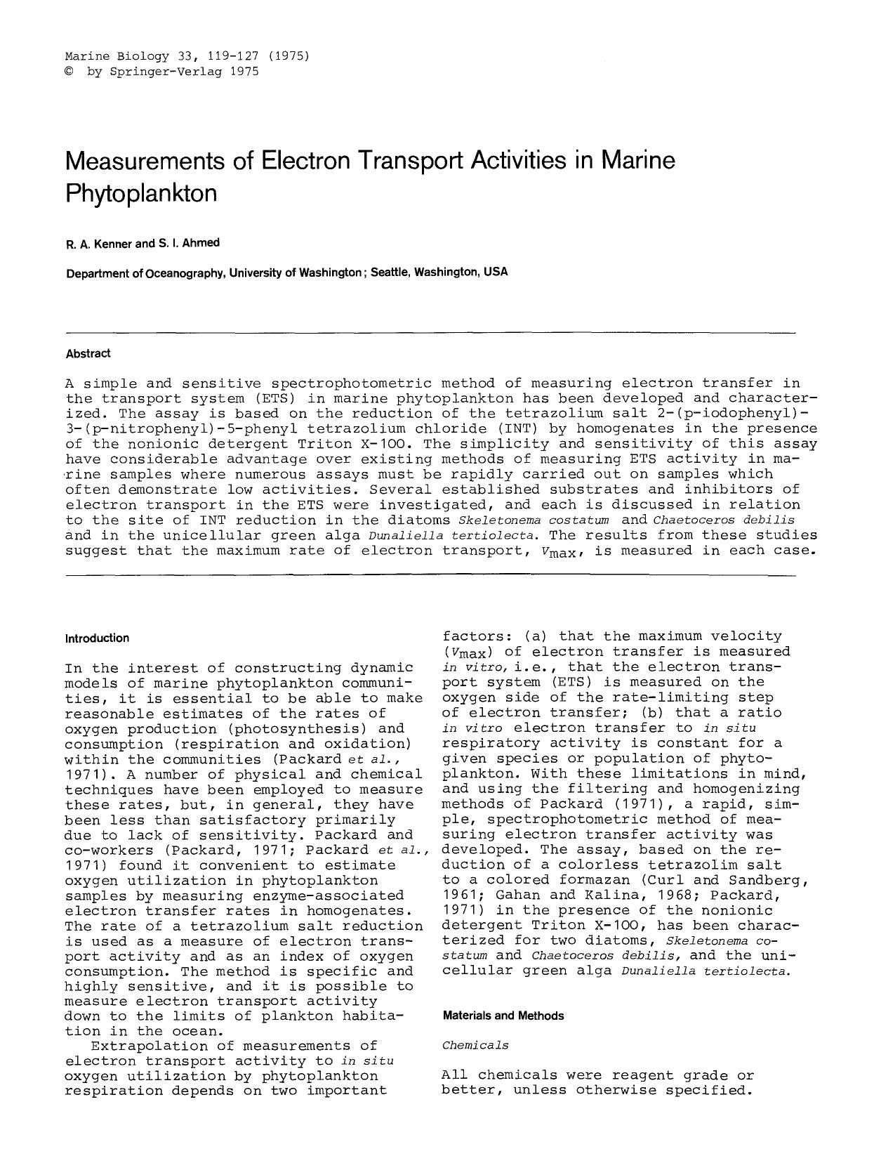 Measurements of electron transport activities in marine phytoplankton by Unknown