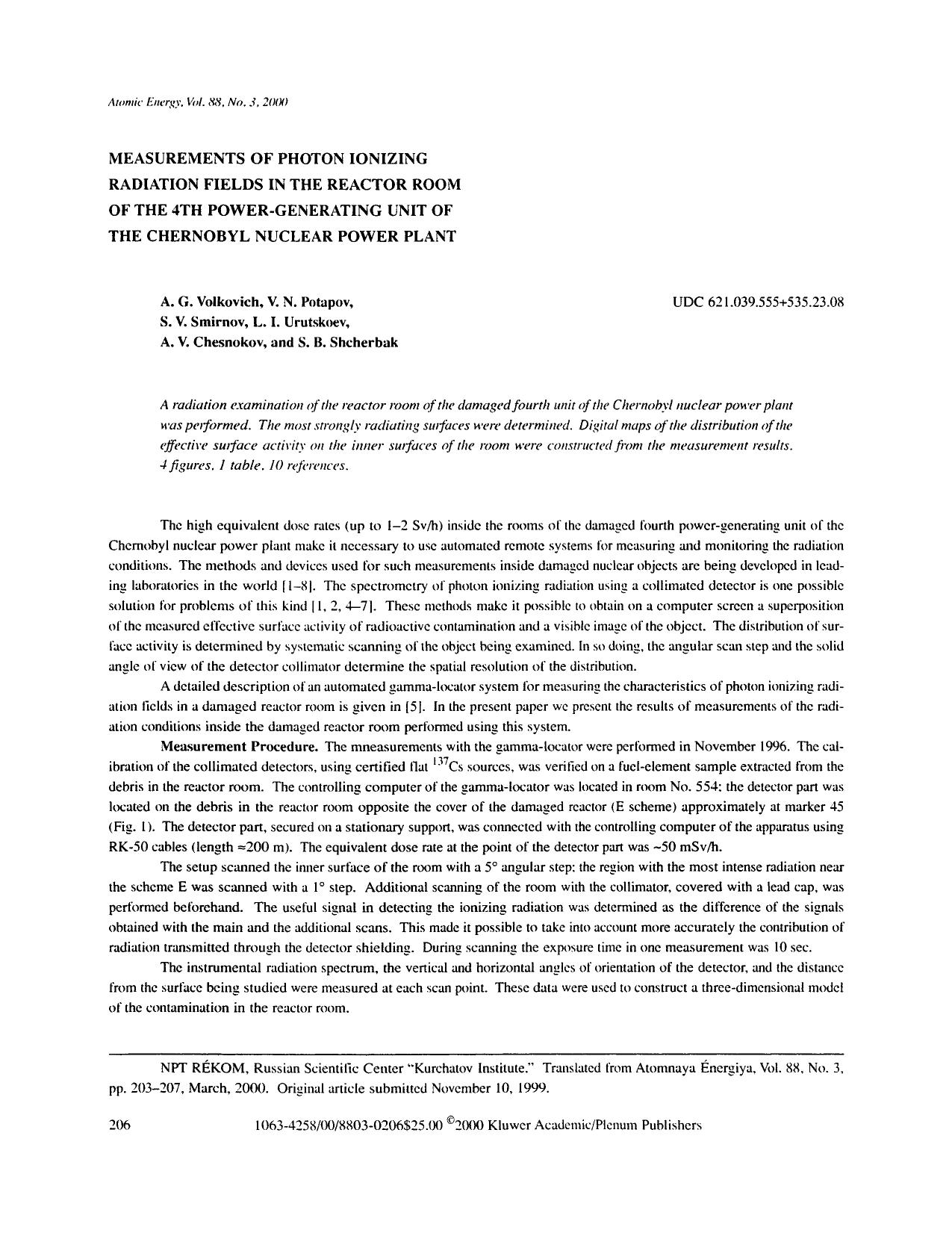 Measurements of photon ionizing radiation fields in the reactor room of the 4th power-generating unit of the chernobyl nuclear power plant by Unknown