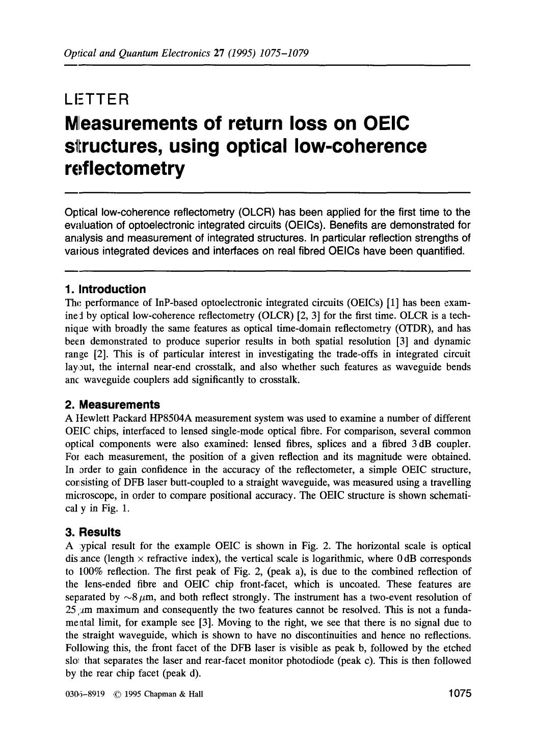 Measurements of return loss on OEIC structures, using optical low-coherence reflectometry by Unknown