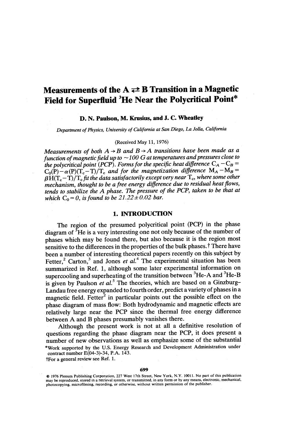 Measurements of the A &#x21C4; B transition in a magnetic field for superfluid <Superscript>3 <Superscript>He near the polycritical point by Unknown